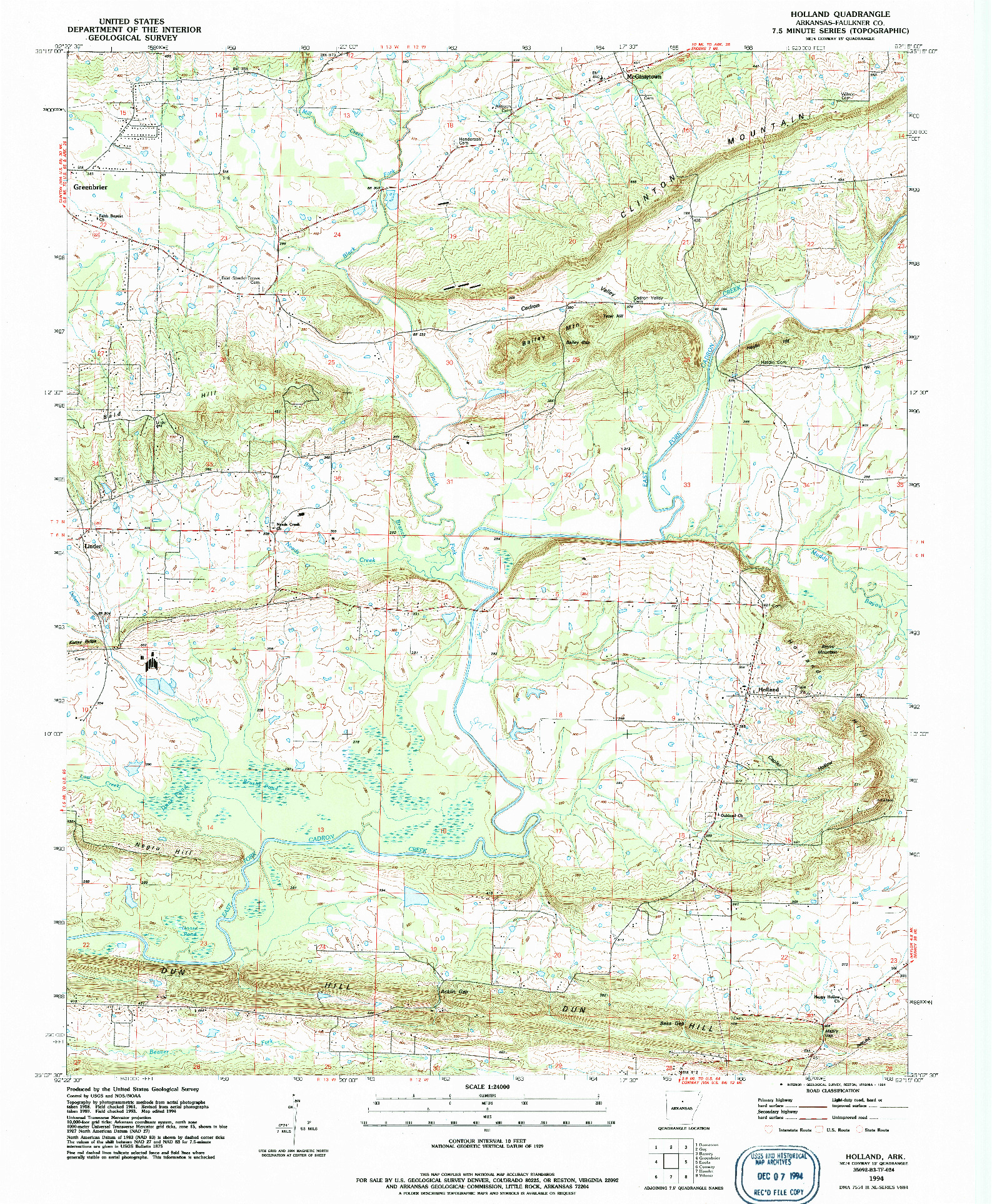 USGS 1:24000-SCALE QUADRANGLE FOR HOLLAND, AR 1994