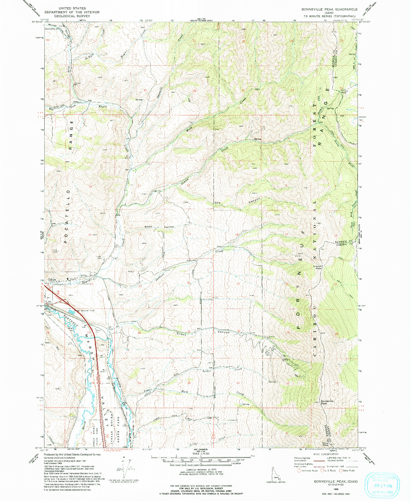 USGS 1:24000-SCALE QUADRANGLE FOR BONNEVILLE PEAK, ID 1968