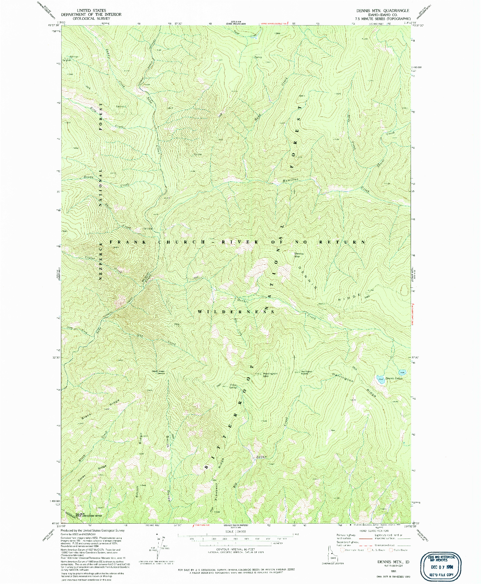 USGS 1:24000-SCALE QUADRANGLE FOR DENNIS MTN, ID 1991