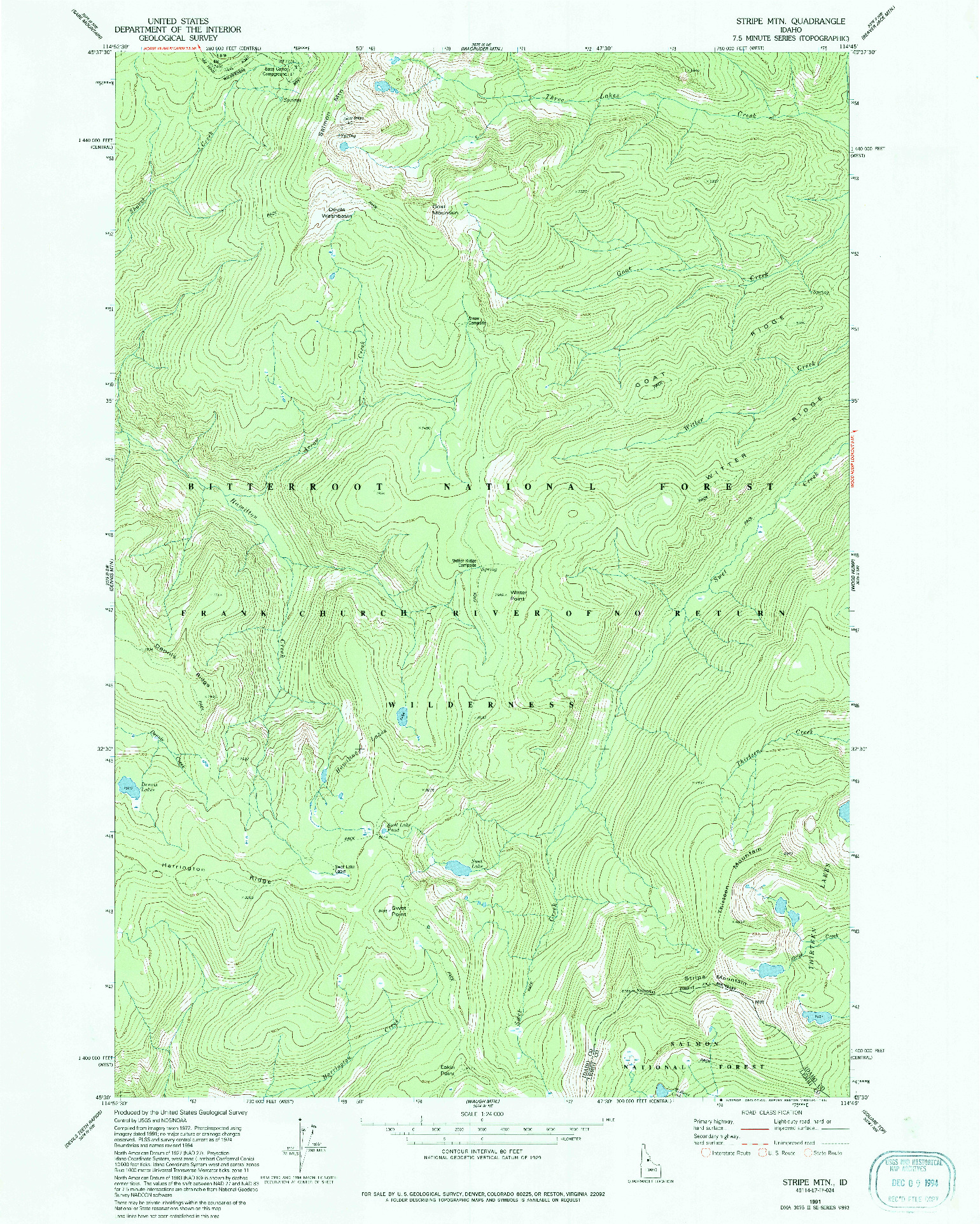 USGS 1:24000-SCALE QUADRANGLE FOR STRIPE MOUNTAIN, ID 1991