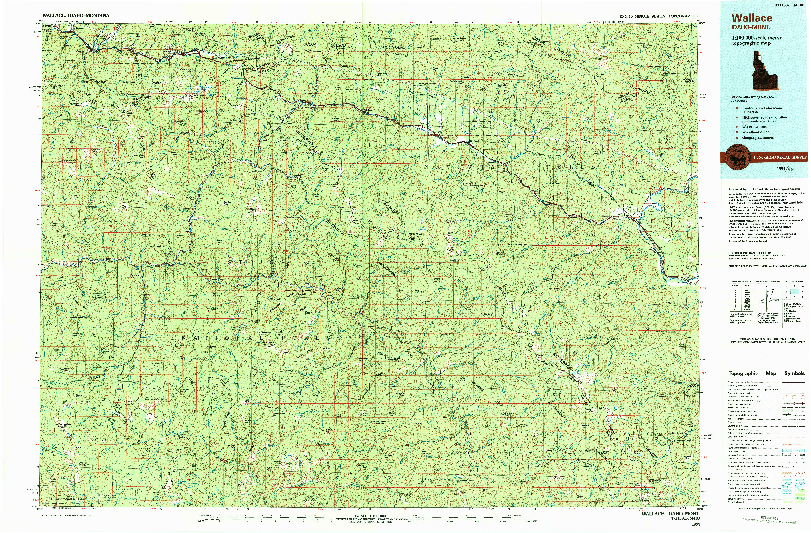 USGS 1:100000-SCALE QUADRANGLE FOR WALLACE, ID 1994