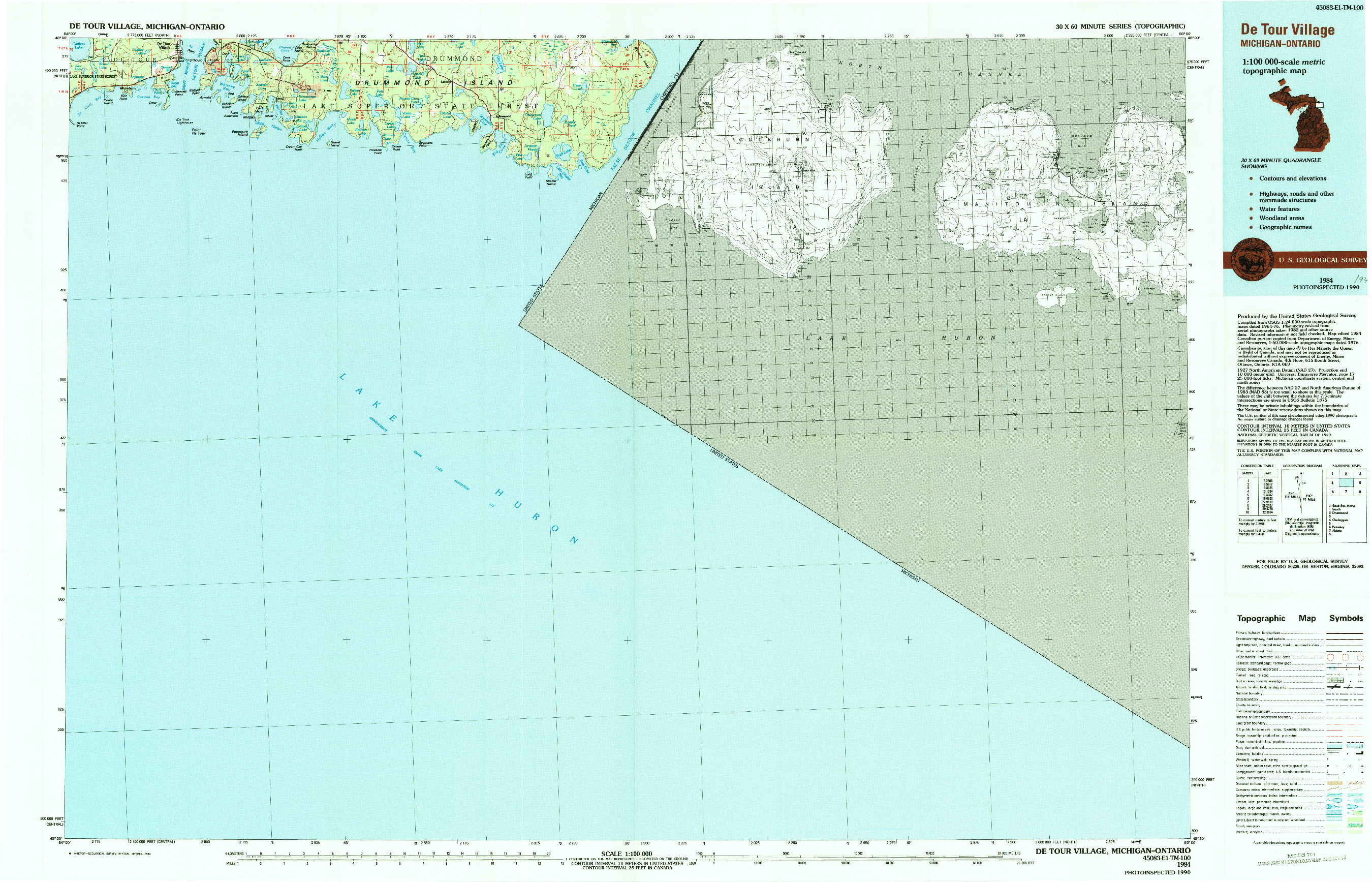 USGS 1:100000-SCALE QUADRANGLE FOR DE TOUR VILLAGE, MI 1984