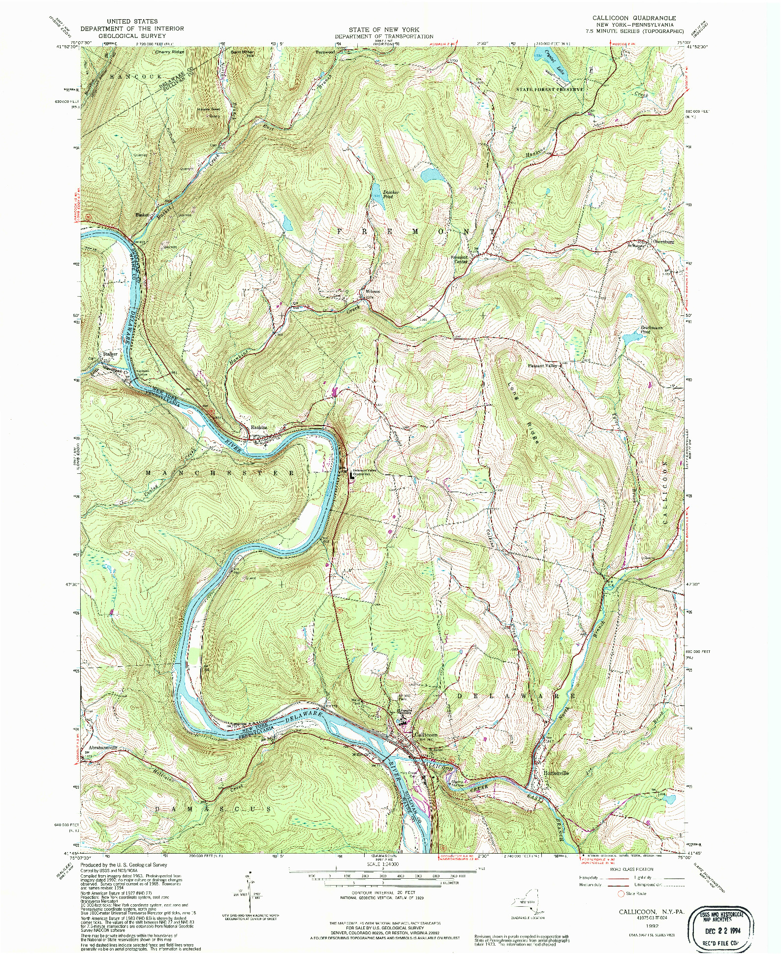 USGS 1:24000-SCALE QUADRANGLE FOR CALLICOON, NY 1992