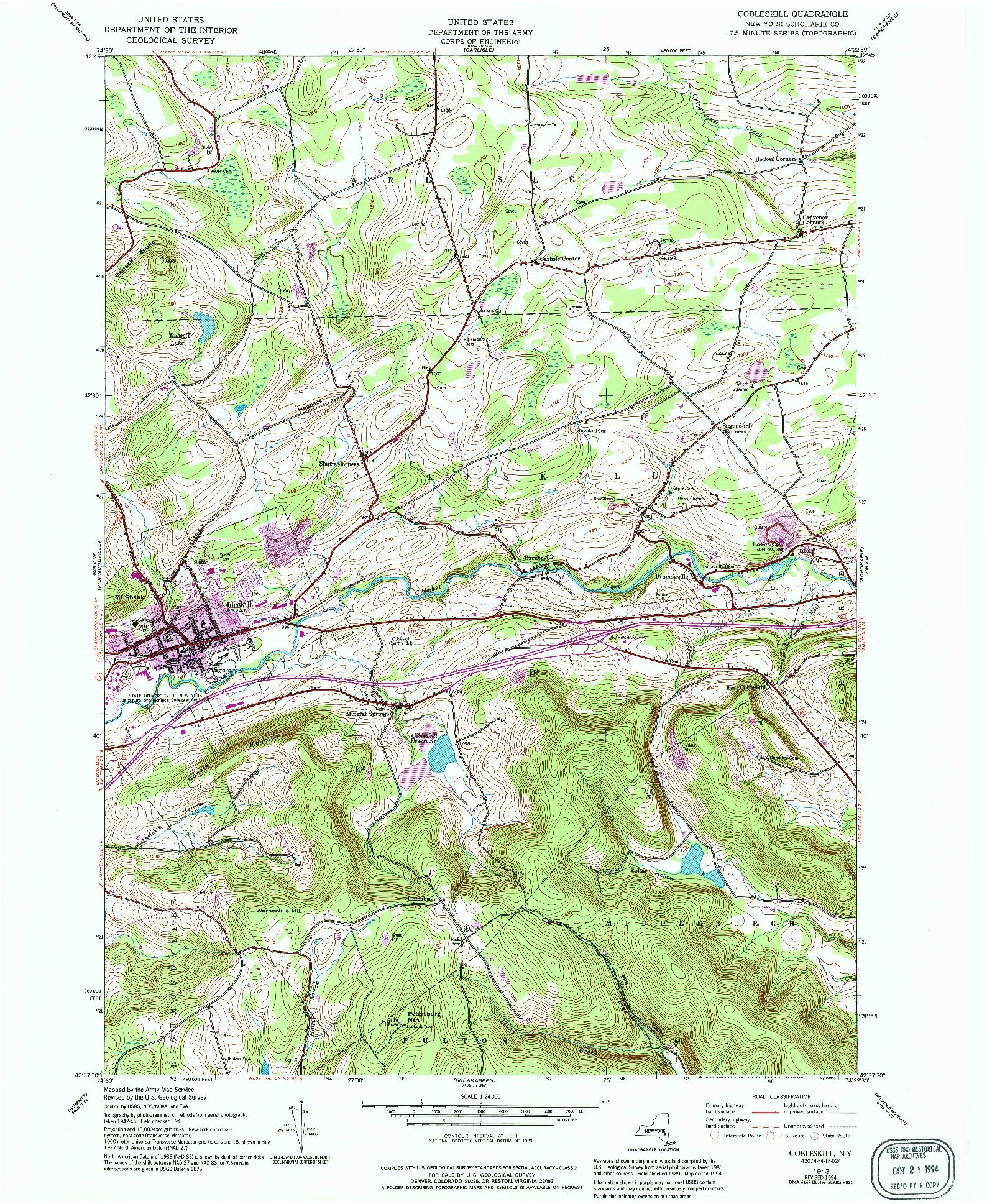 USGS 1:24000-SCALE QUADRANGLE FOR COBLESKILL, NY 1943