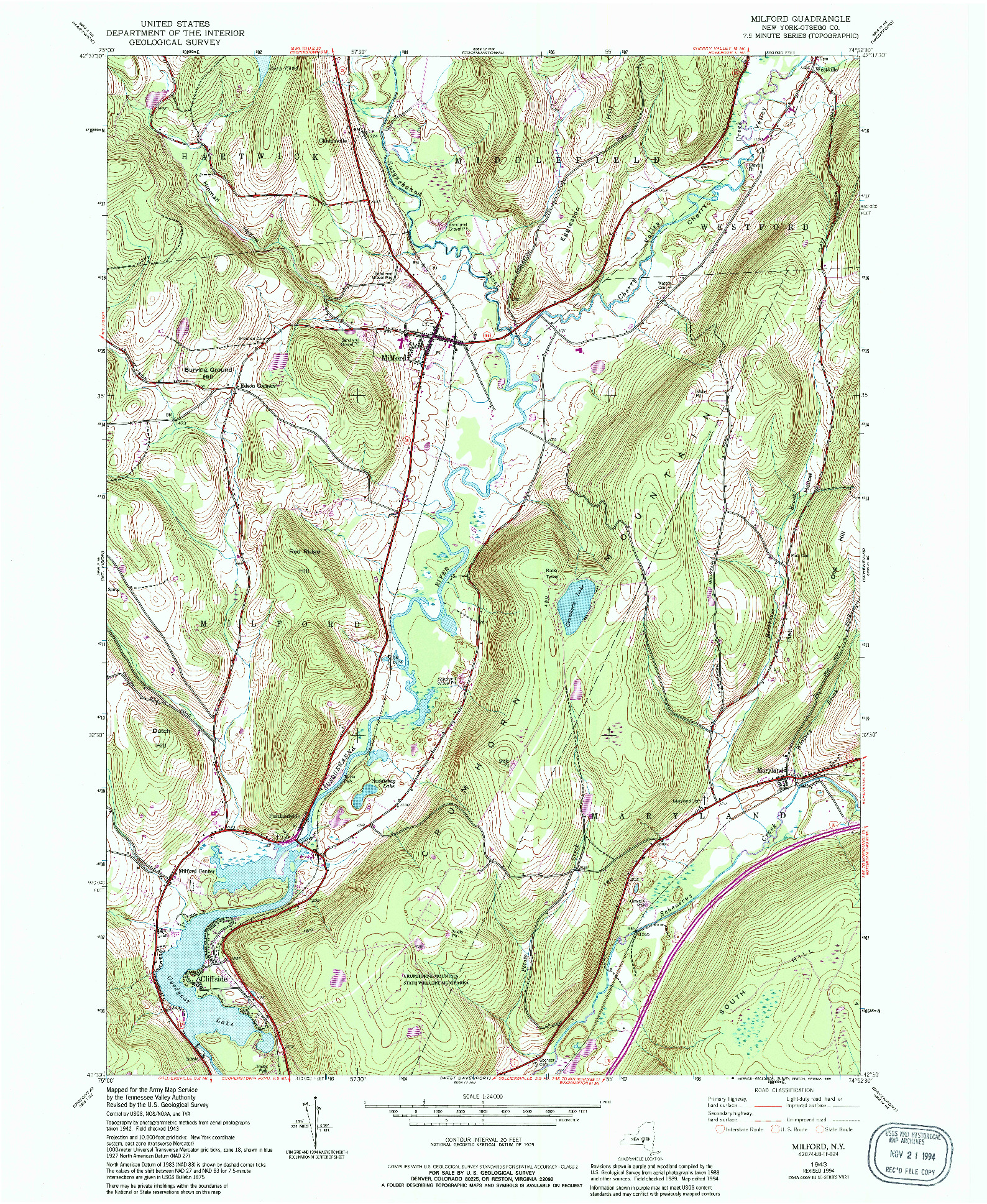 USGS 1:24000-SCALE QUADRANGLE FOR MILFORD, NY 1943