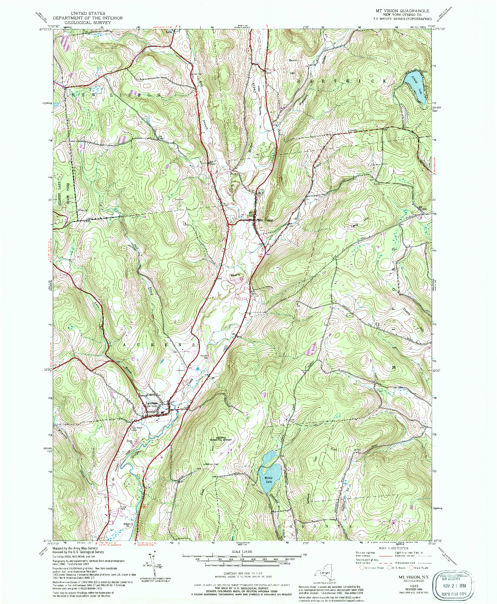 USGS 1:24000-SCALE QUADRANGLE FOR MT VISION, NY 1943