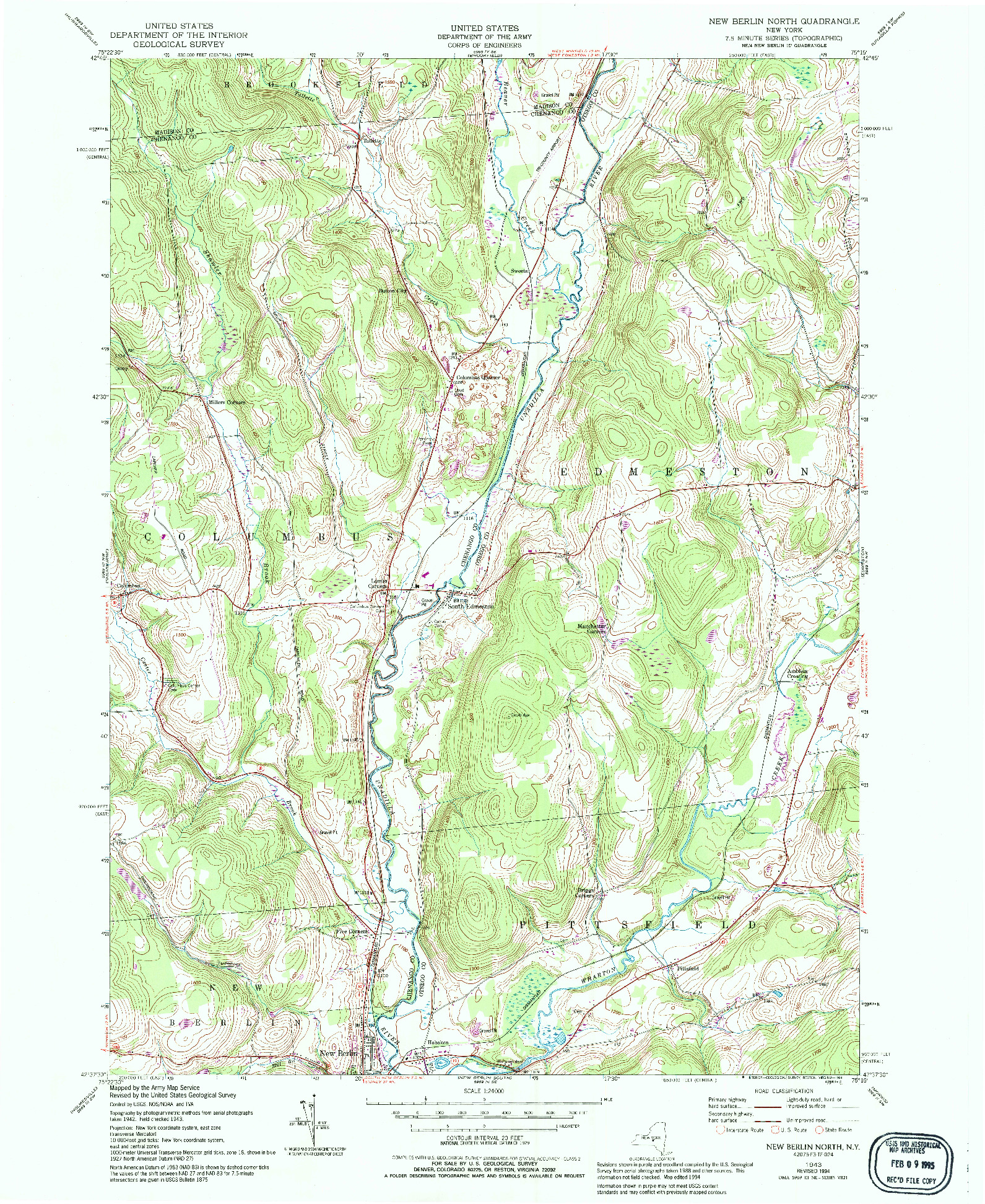 USGS 1:24000-SCALE QUADRANGLE FOR NEW BERLIN NORTH, NY 1943