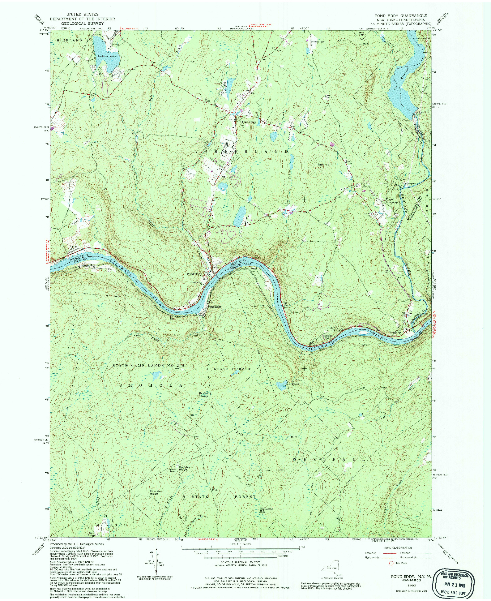 USGS 1:24000-SCALE QUADRANGLE FOR POND EDDY, NY 1992