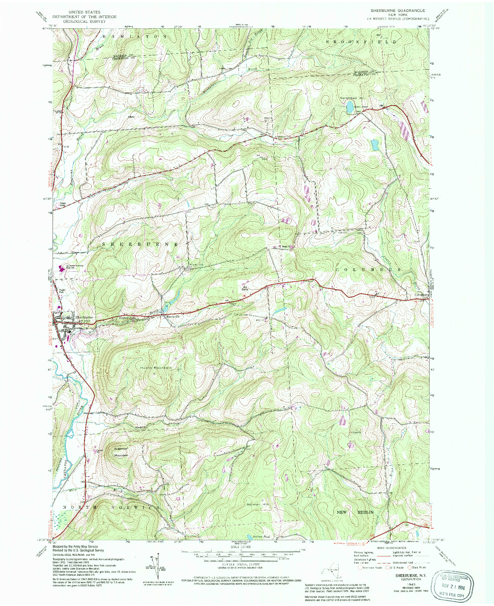 USGS 1:24000-SCALE QUADRANGLE FOR SHERBURNE, NY 1943