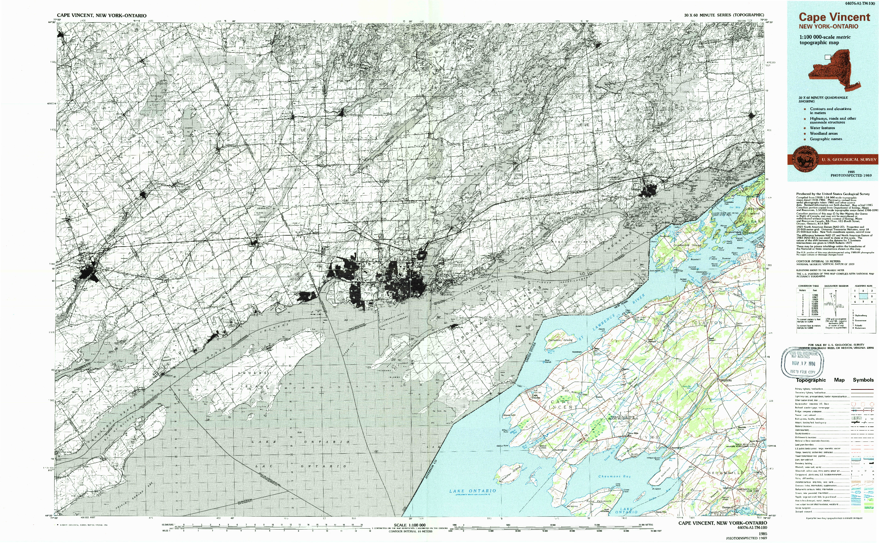 USGS 1:100000-SCALE QUADRANGLE FOR CAPE VINCENT, NY 1985