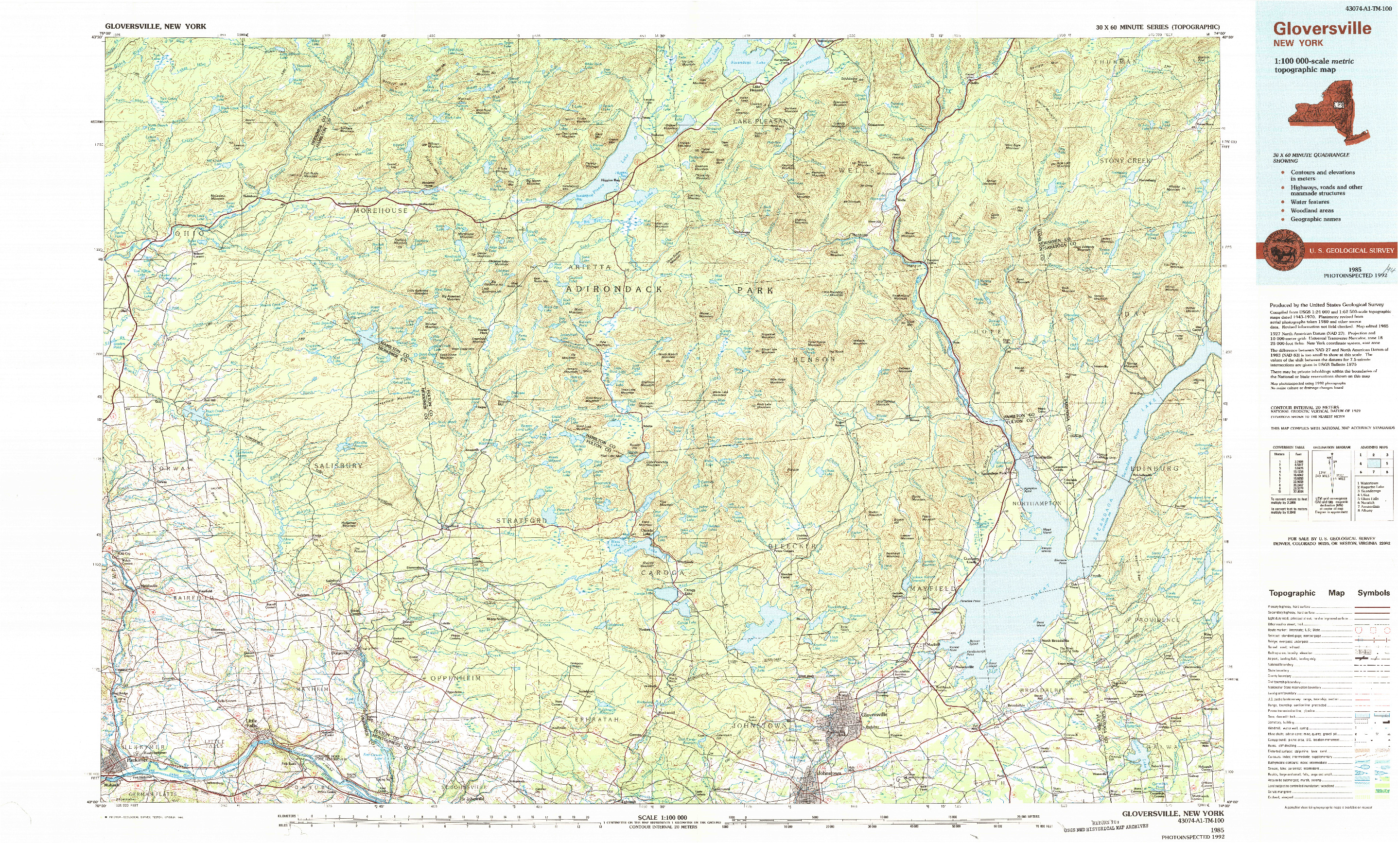 USGS 1:100000-SCALE QUADRANGLE FOR GLOVERSVILLE, NY 1985