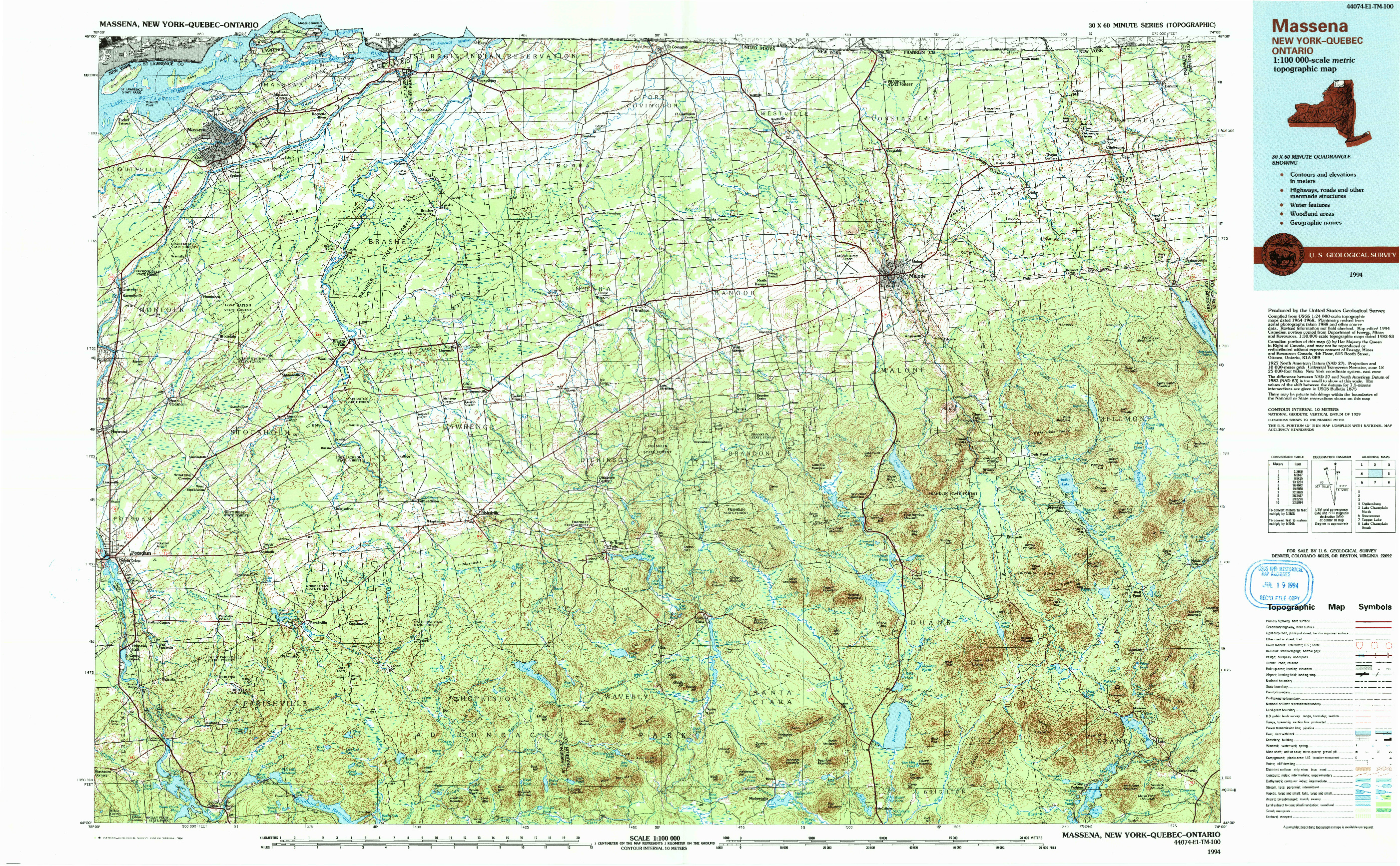 USGS 1:100000-SCALE QUADRANGLE FOR MASSENA, NY 1994