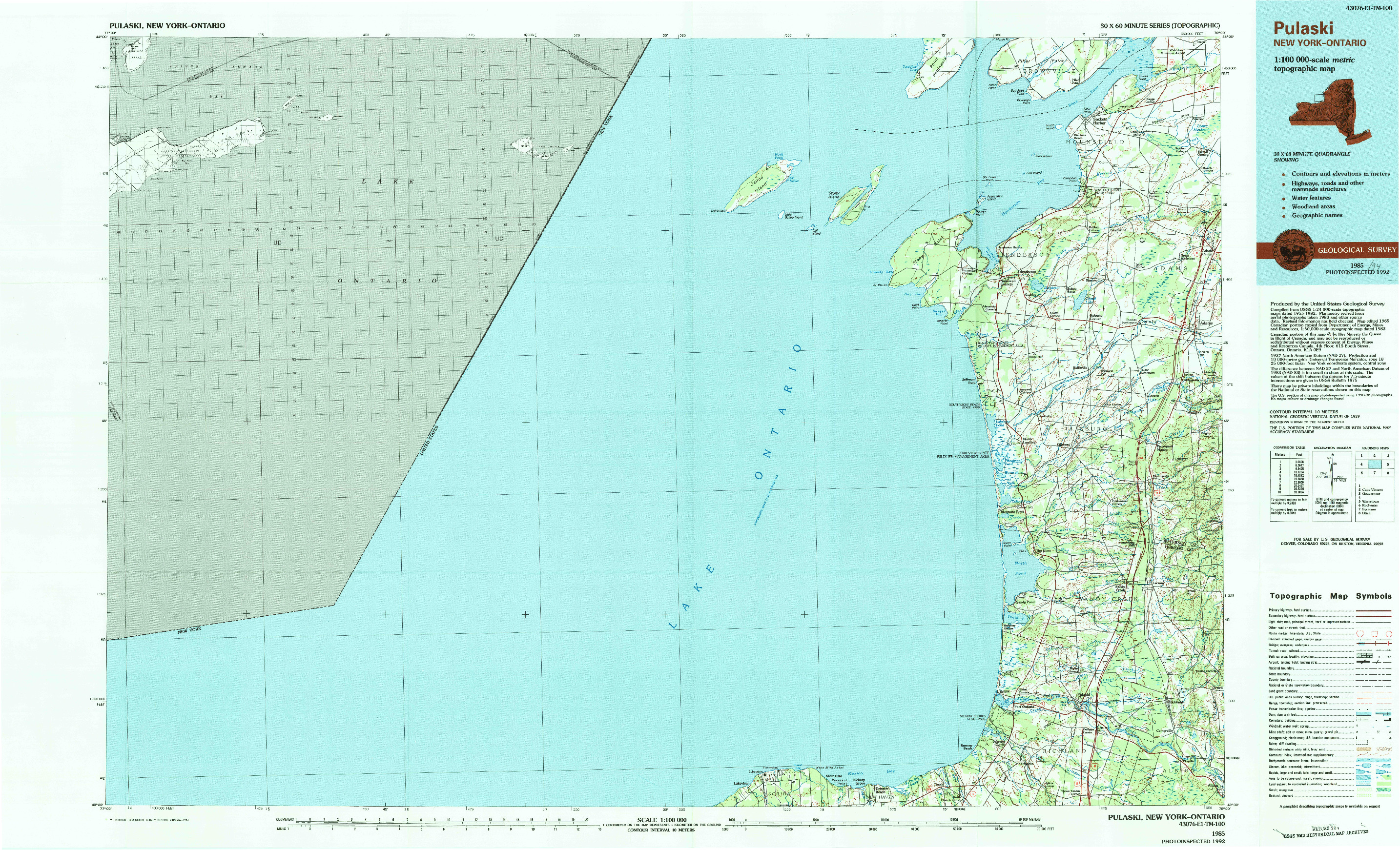 USGS 1:100000-SCALE QUADRANGLE FOR PULASKI, NY 1985