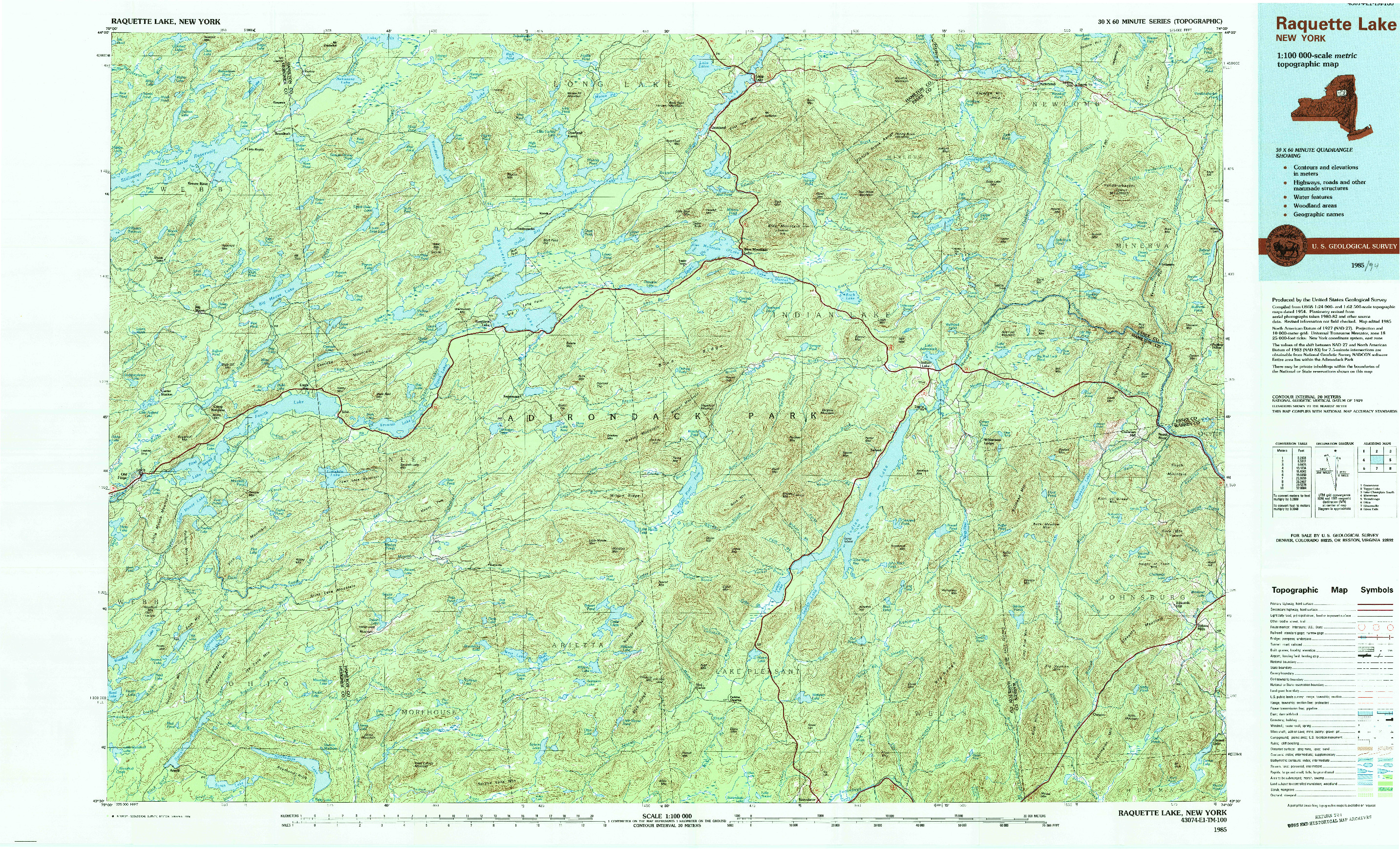 USGS 1:100000-SCALE QUADRANGLE FOR RAQUETTE LAKE, NY 1985