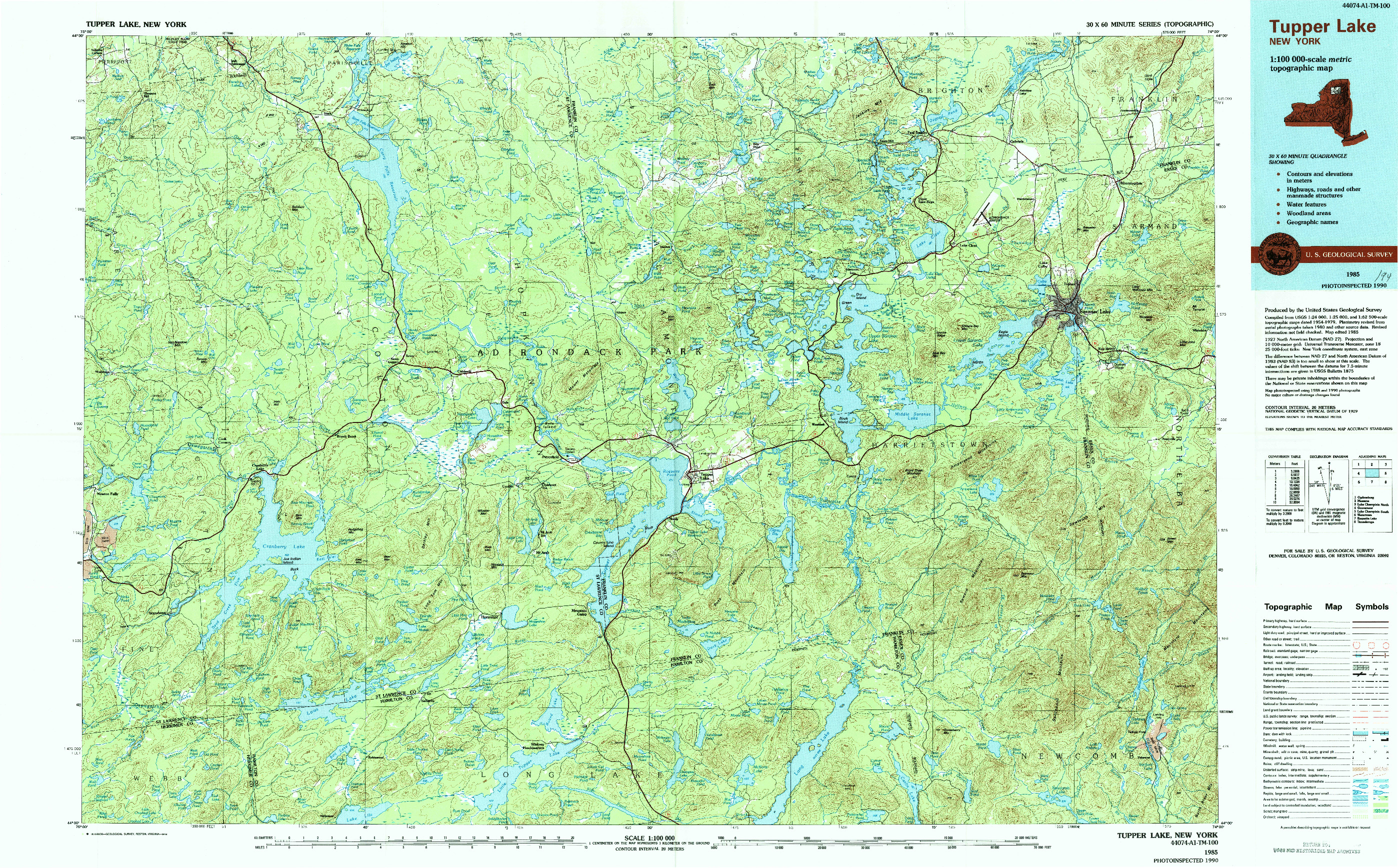 USGS 1:100000-SCALE QUADRANGLE FOR TUPPER LAKE, NY 1985