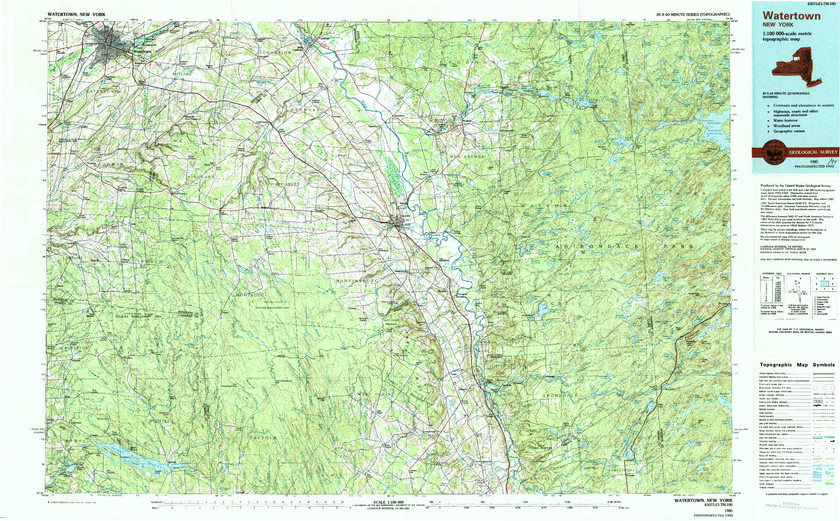 USGS 1:100000-SCALE QUADRANGLE FOR WATERTOWN, NY 1985