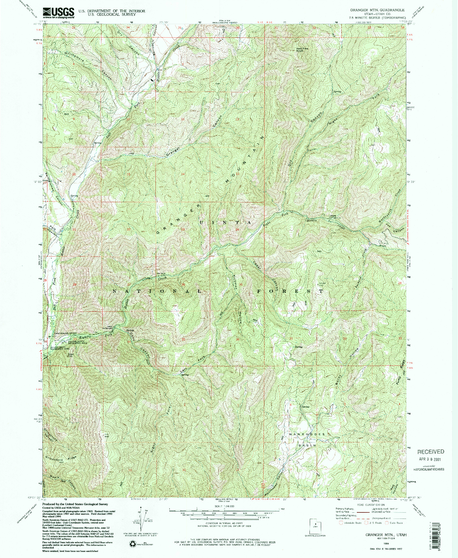 USGS 1:24000-SCALE QUADRANGLE FOR GRANGER MTN, UT 1994