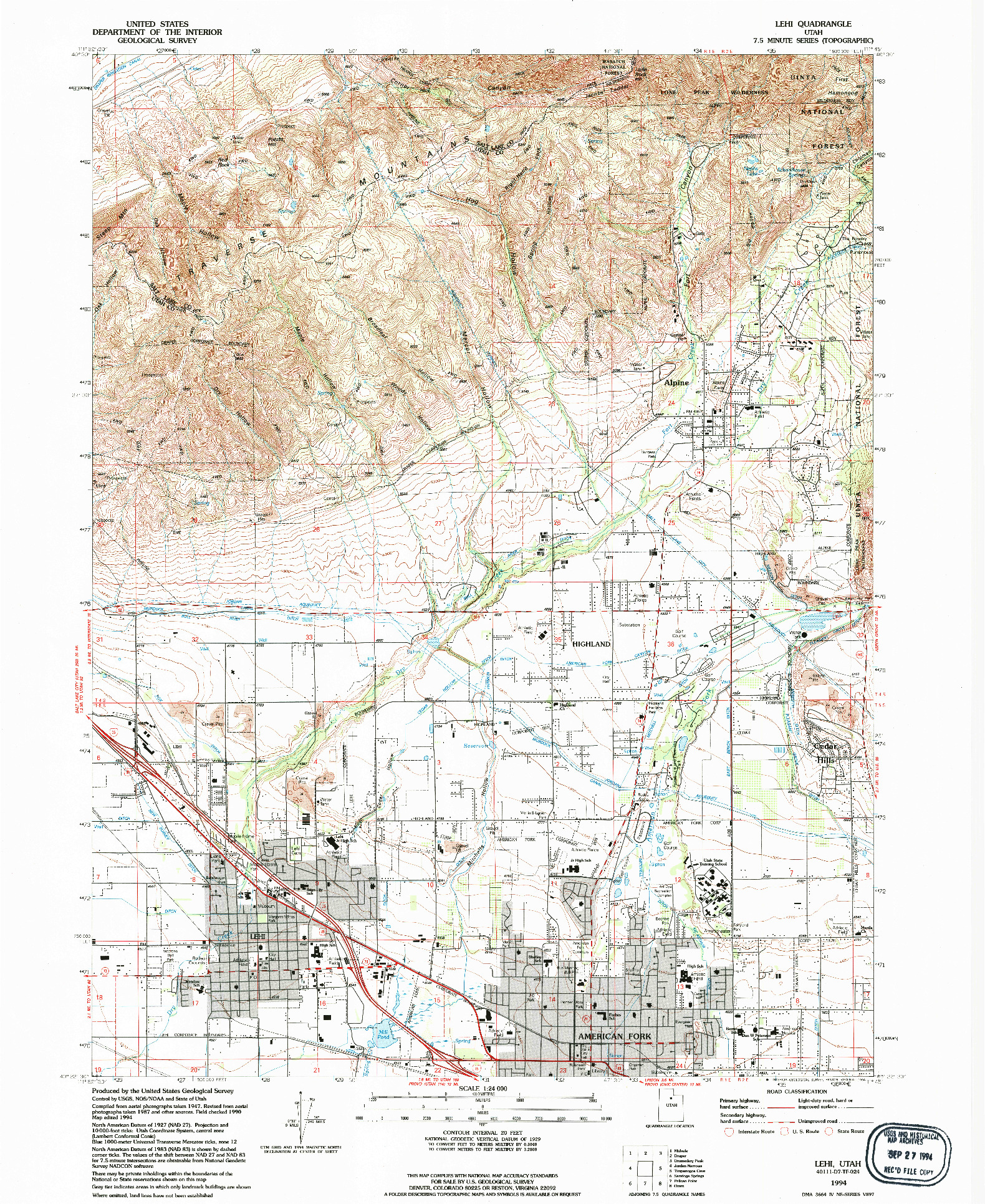USGS 1:24000-SCALE QUADRANGLE FOR LEHI, UT 1994