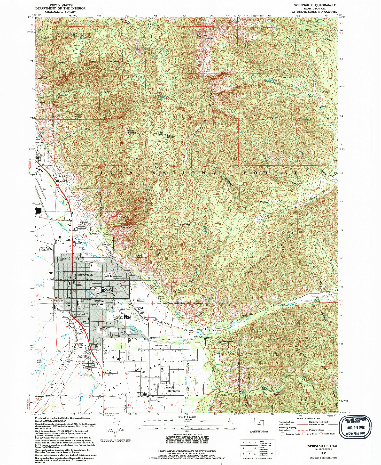 USGS 1:24000-SCALE QUADRANGLE FOR SPRINGVILLE, UT 1993