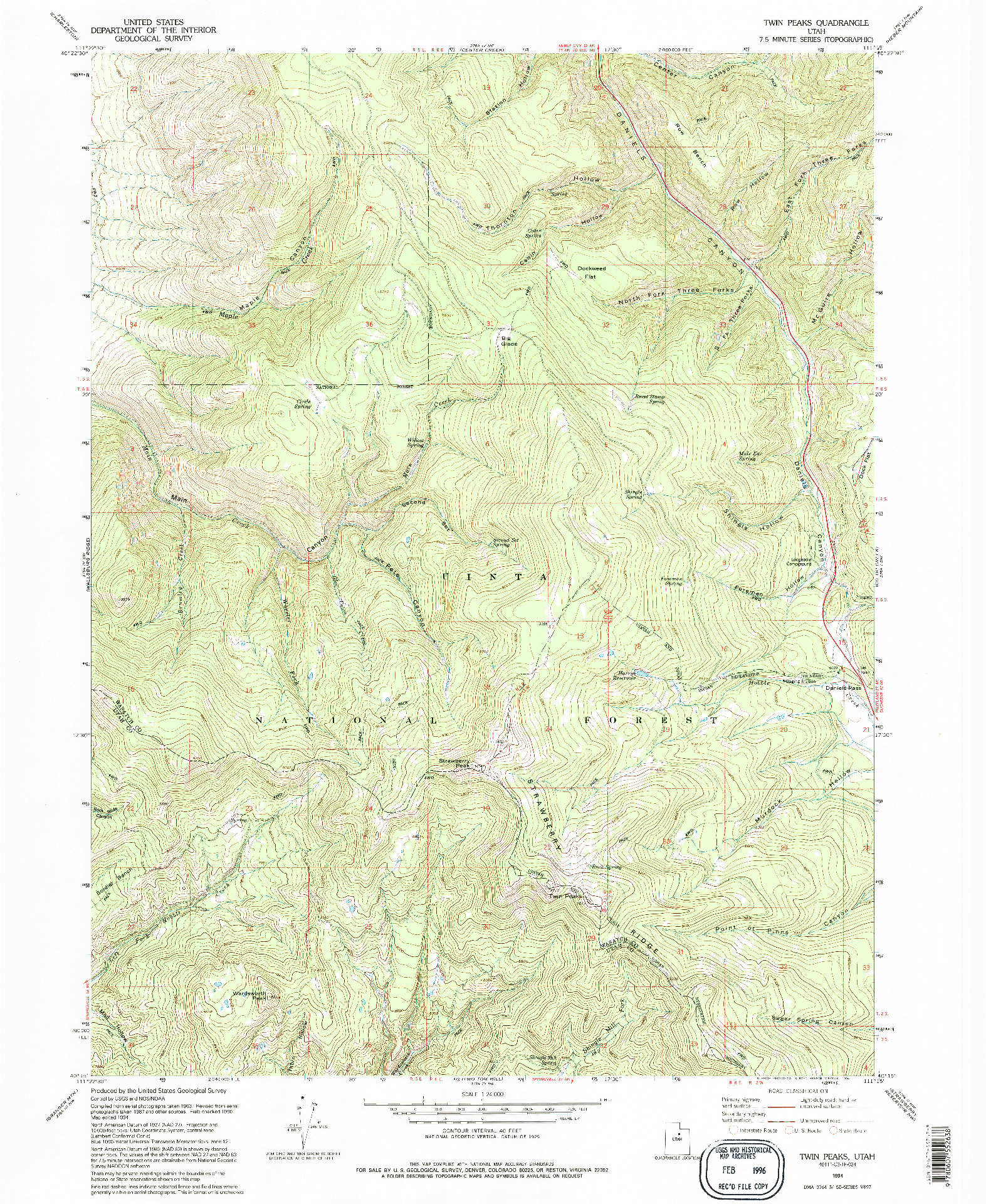 USGS 1:24000-SCALE QUADRANGLE FOR TWIN PEAKS, UT 1994