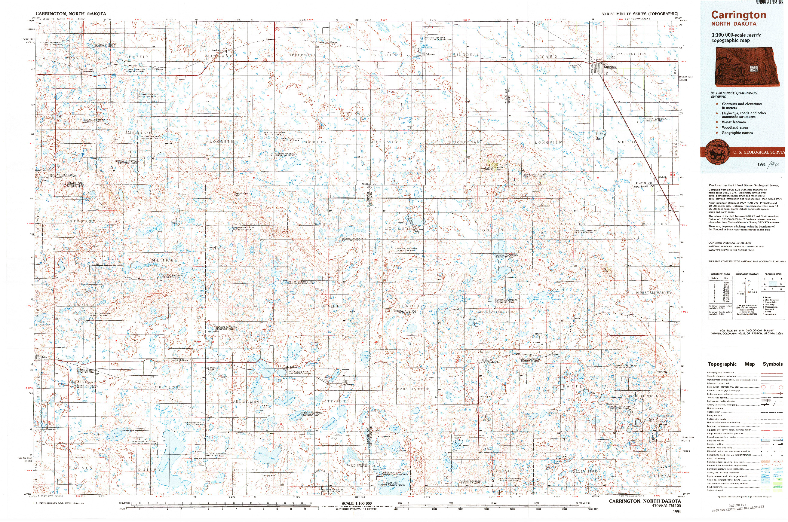 USGS 1:100000-SCALE QUADRANGLE FOR CARRINGTON, ND 1994