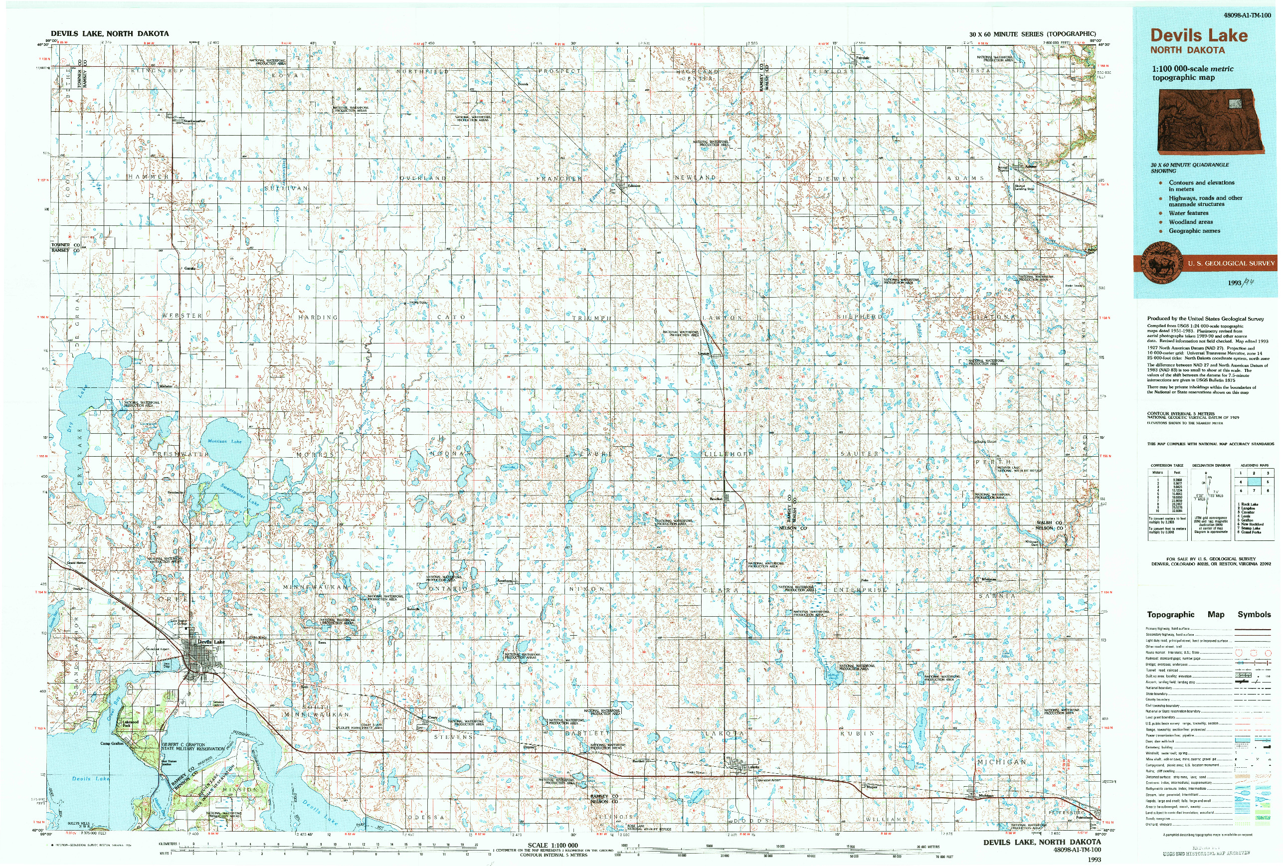 USGS 1:100000-SCALE QUADRANGLE FOR DEVILS LAKE, ND 1993