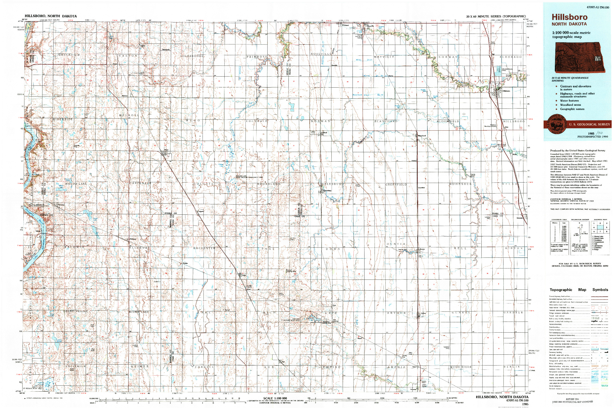 USGS 1:100000-SCALE QUADRANGLE FOR HILLSBORO, ND 1985
