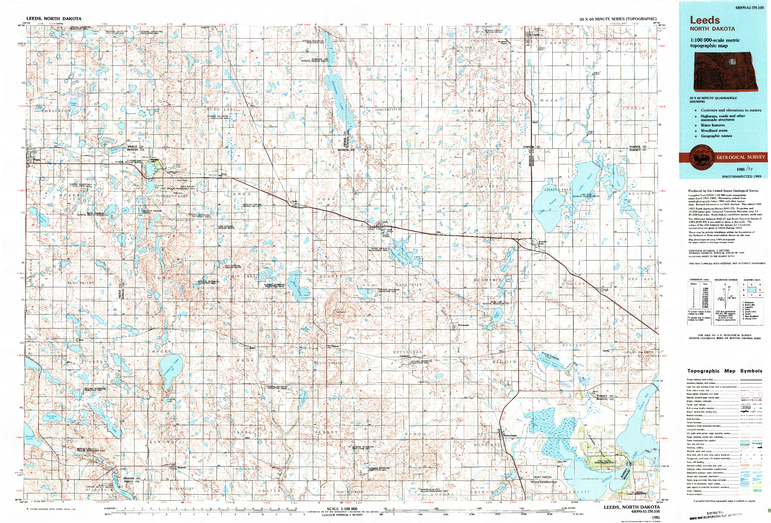 USGS 1:100000-SCALE QUADRANGLE FOR LEEDS, ND 1985