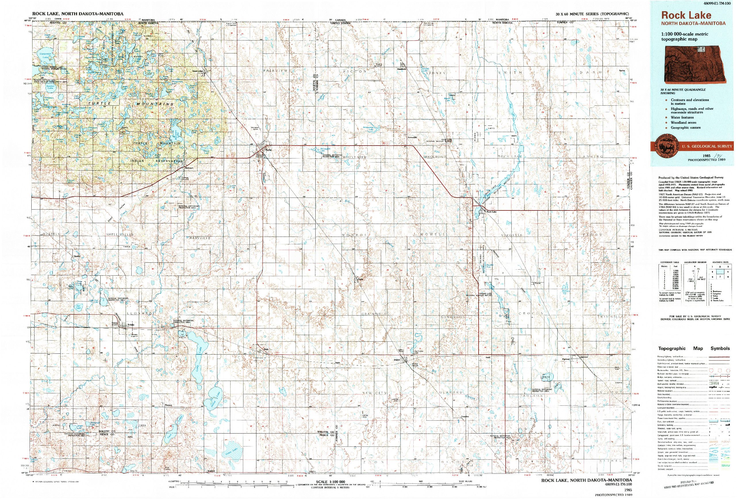 USGS 1:100000-SCALE QUADRANGLE FOR ROCK LAKE, ND 1985