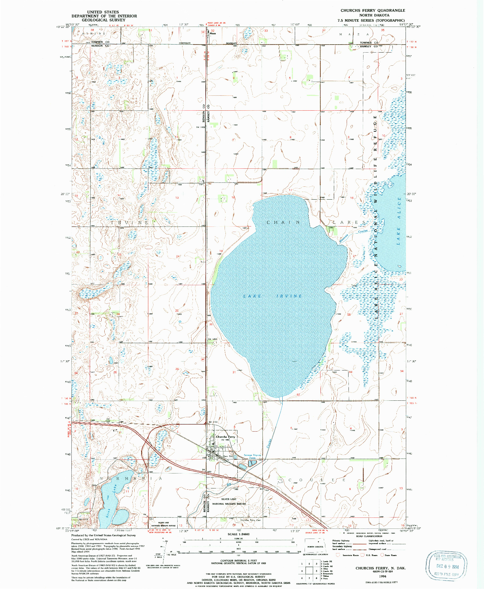 USGS 1:24000-SCALE QUADRANGLE FOR CHURCHS FERRY, ND 1994