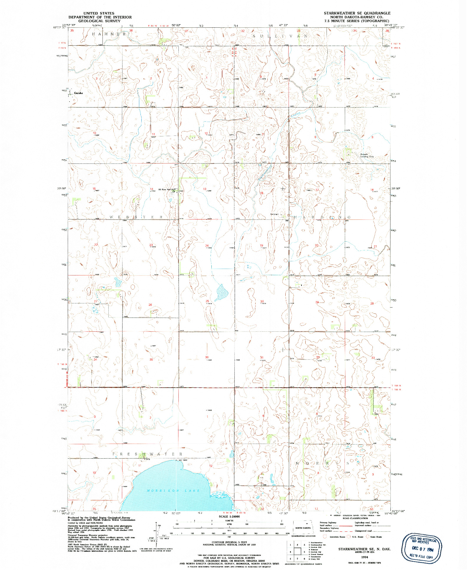 USGS 1:24000-SCALE QUADRANGLE FOR STARKWEATHER SE, ND 1994