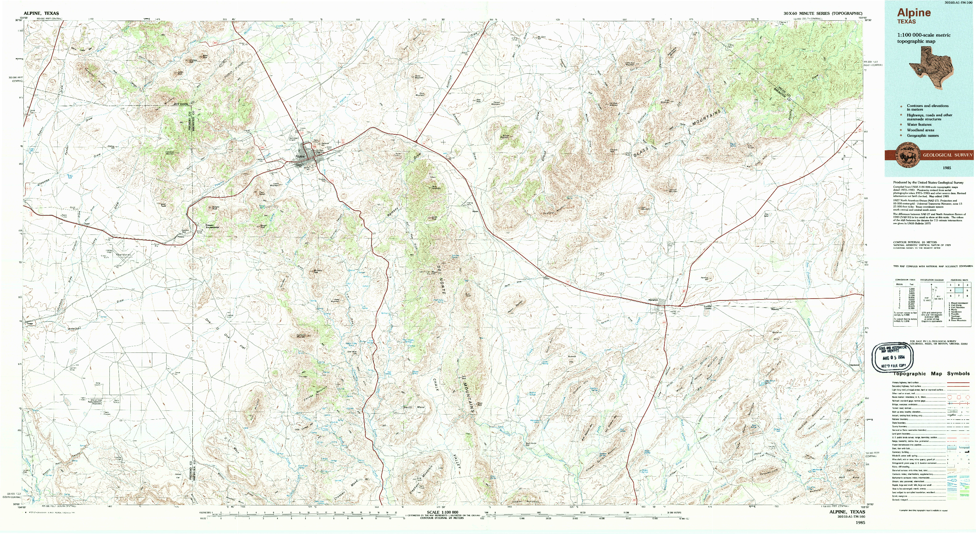 USGS 1:100000-SCALE QUADRANGLE FOR ALPINE, TX 1985