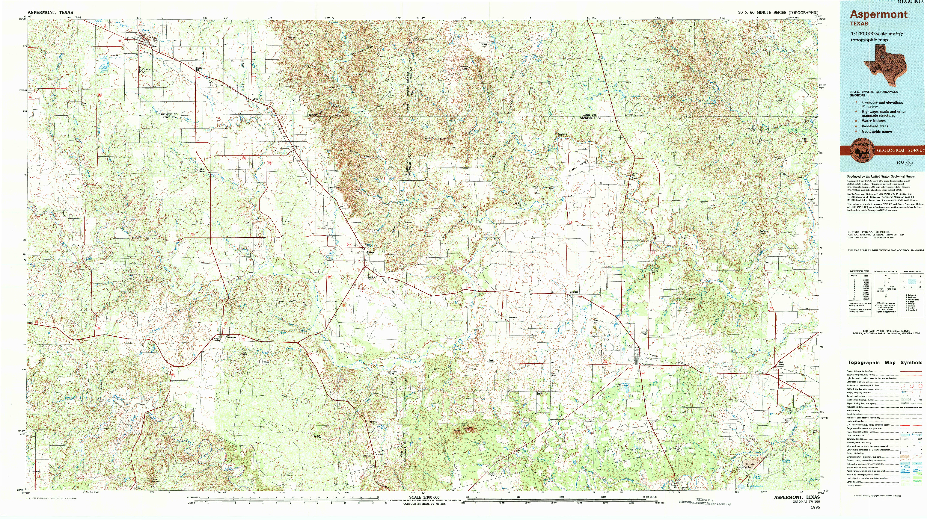 USGS 1:100000-SCALE QUADRANGLE FOR ASPERMONT, TX 1985