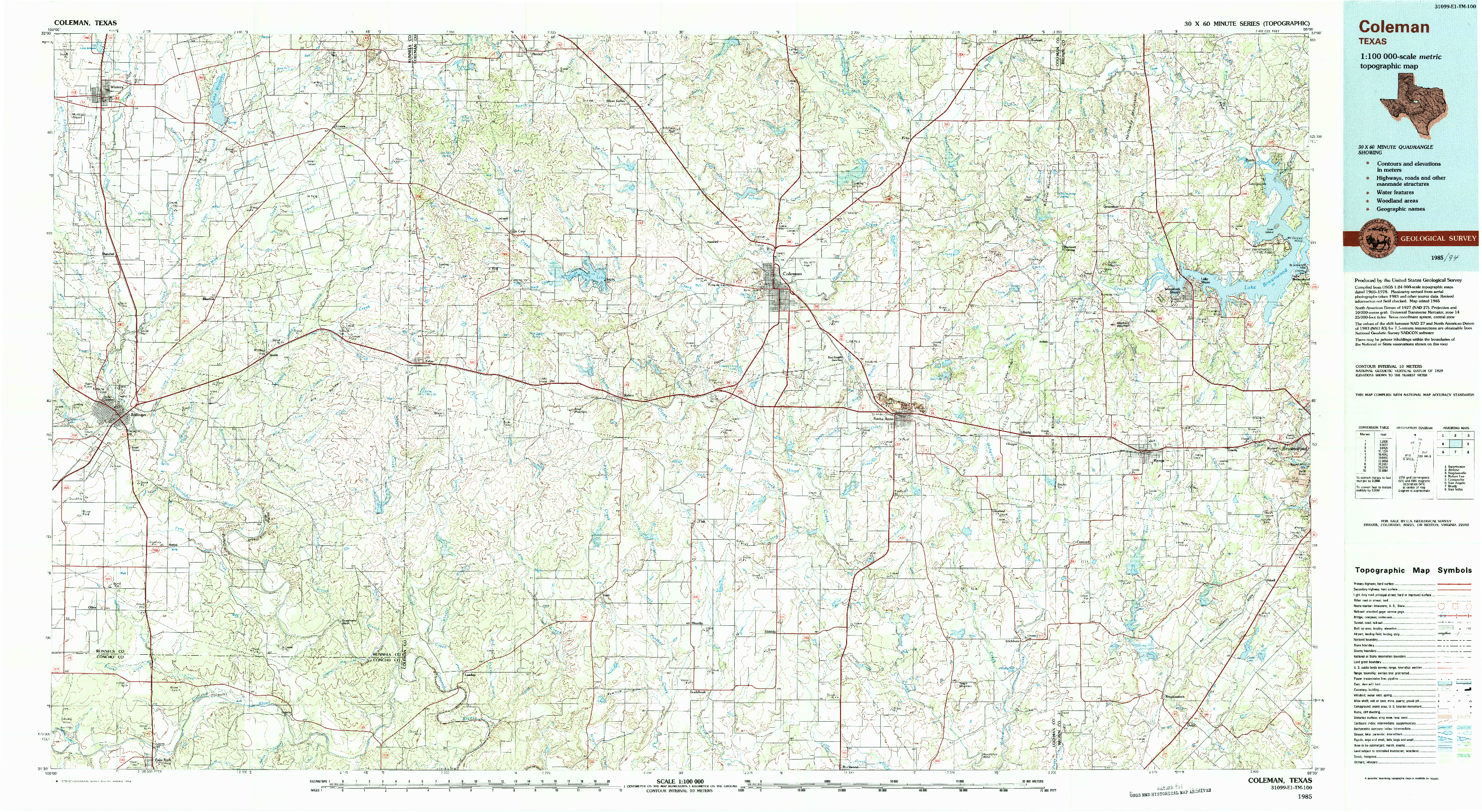 USGS 1:100000-SCALE QUADRANGLE FOR COLEMAN, TX 1985