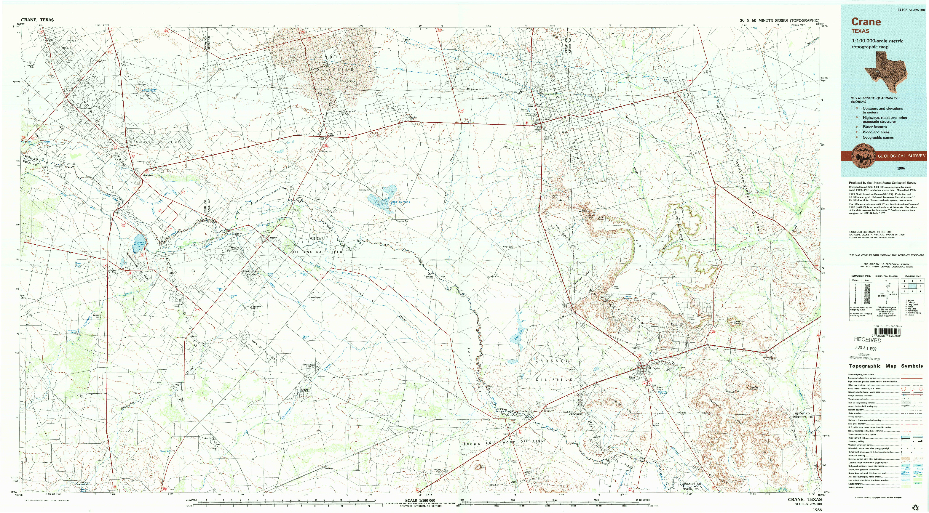 USGS 1:100000-SCALE QUADRANGLE FOR CRANE, TX 1986