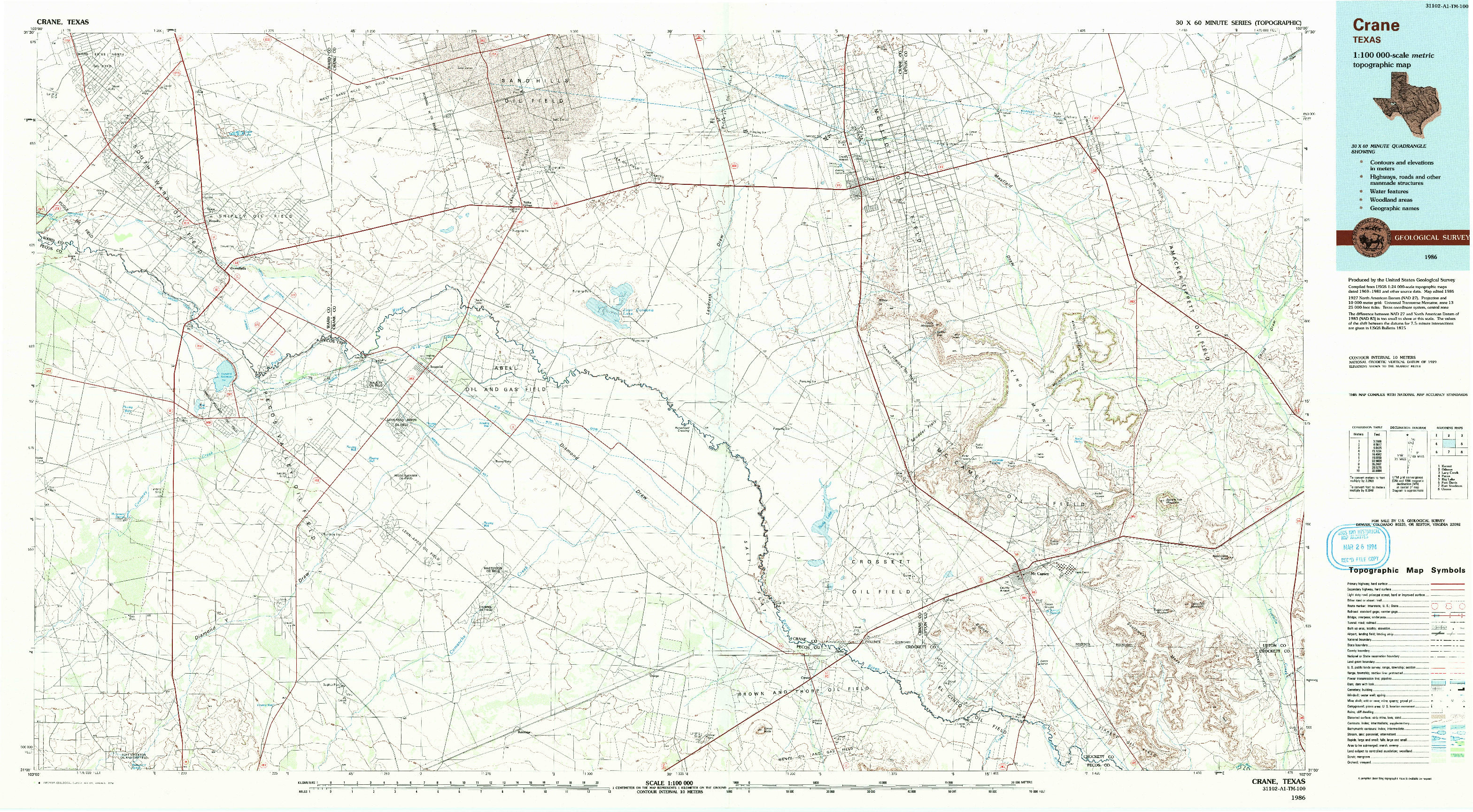 USGS 1:100000-SCALE QUADRANGLE FOR CRANE, TX 1986
