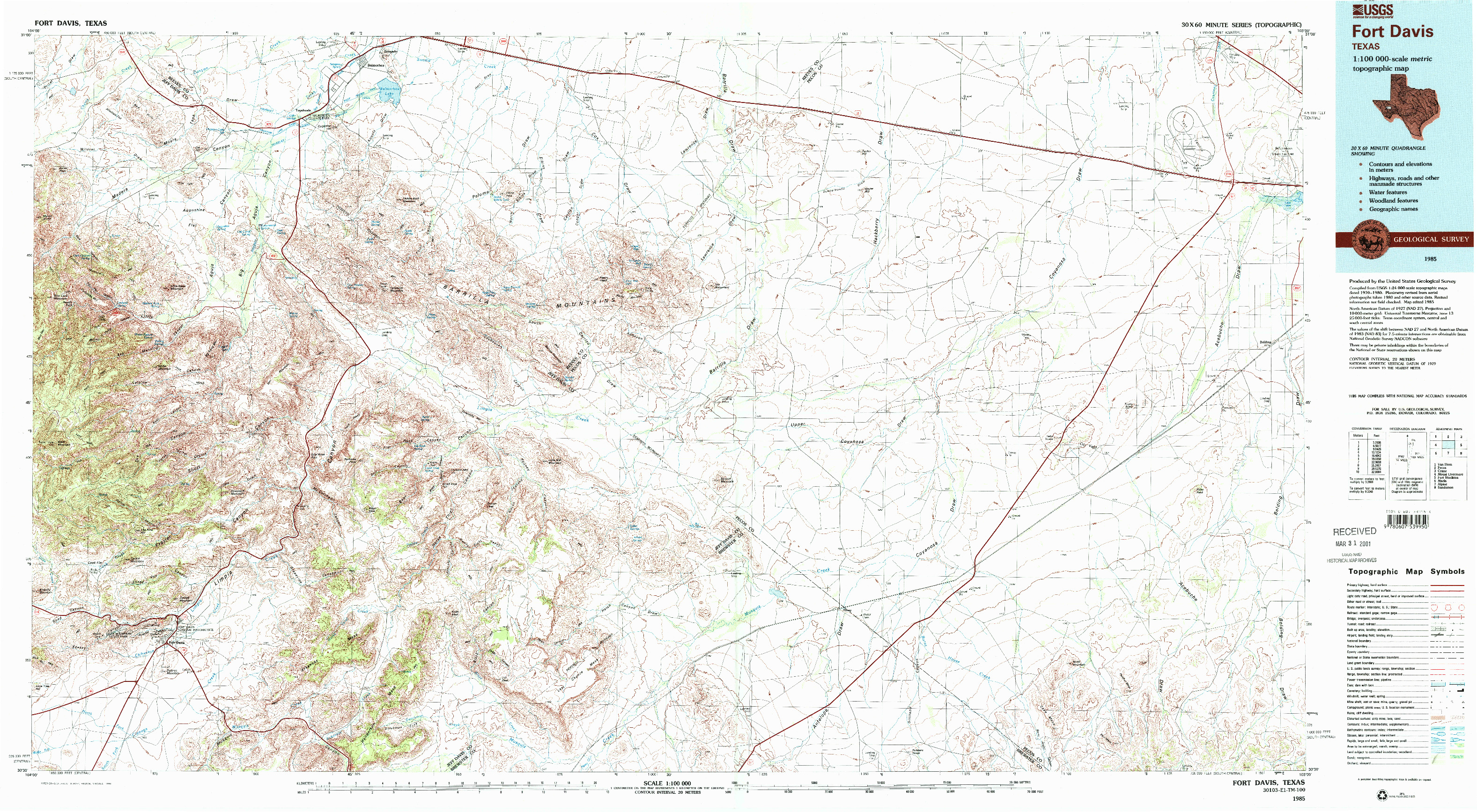 USGS 1:100000-SCALE QUADRANGLE FOR FORT DAVIS, TX 1985