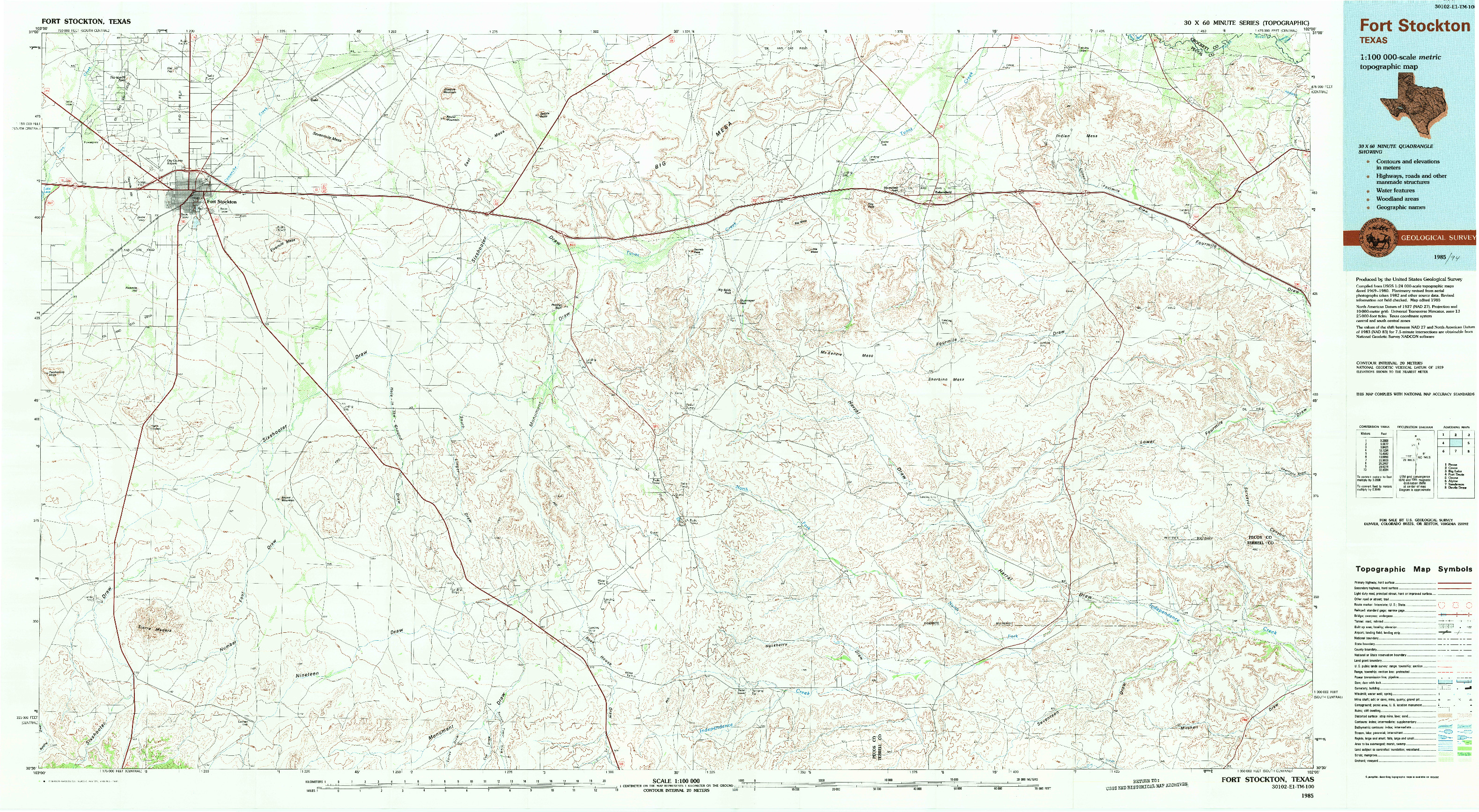 USGS 1:100000-SCALE QUADRANGLE FOR FORT STOCKTON, TX 1985