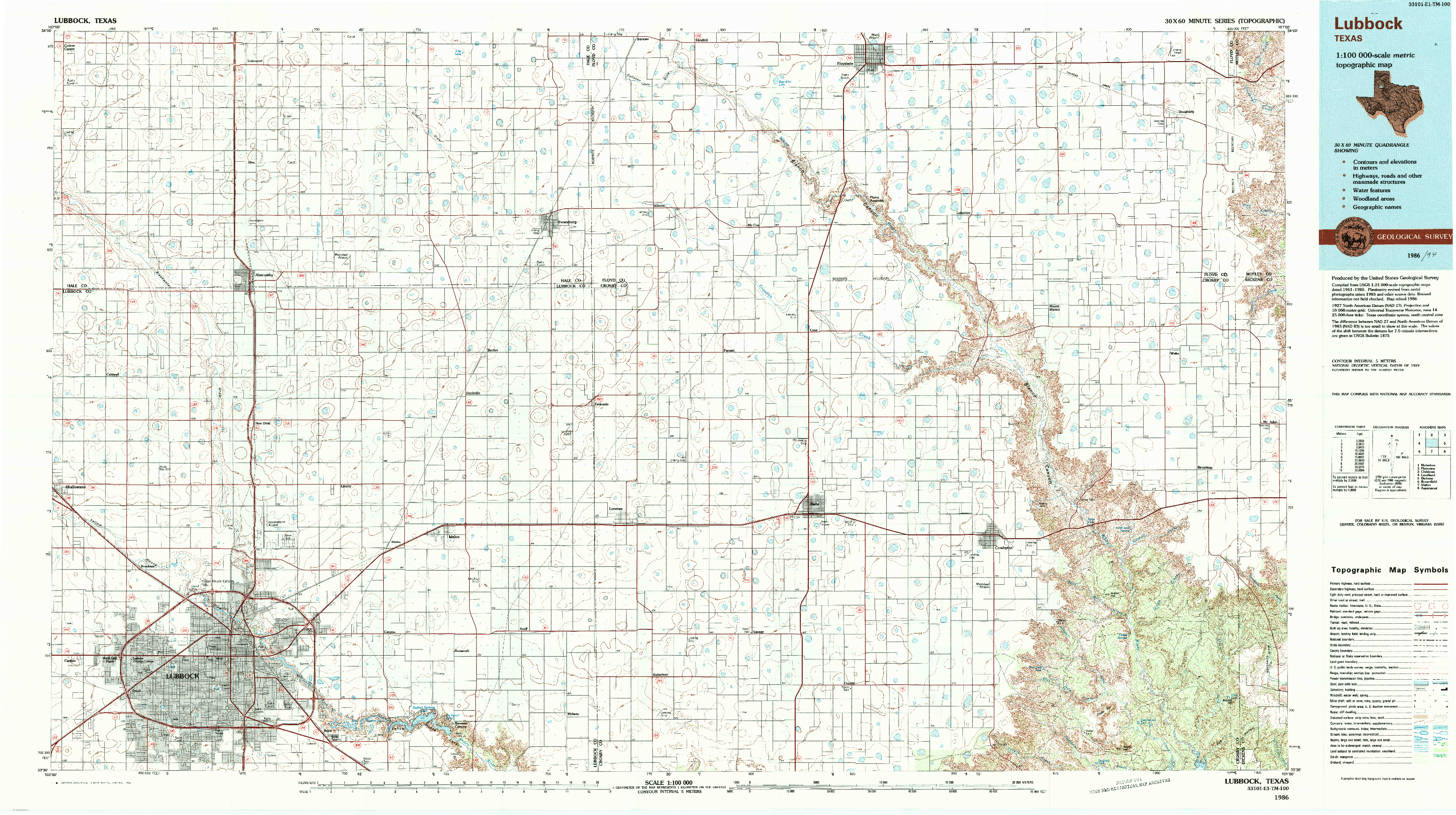 USGS 1:100000-SCALE QUADRANGLE FOR LUBBOCK, TX 1986