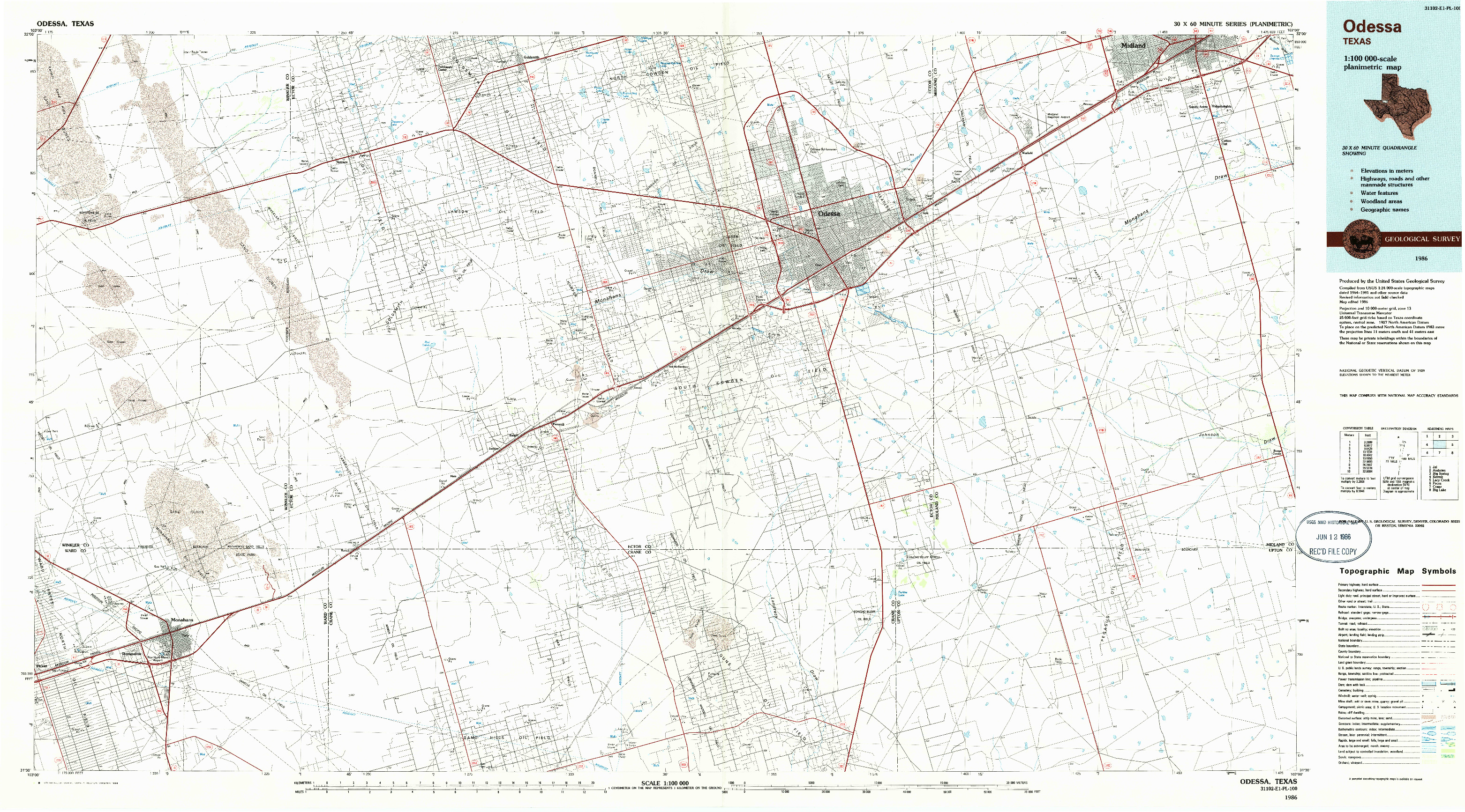 USGS 1:100000-SCALE QUADRANGLE FOR ODESSA, TX 1986