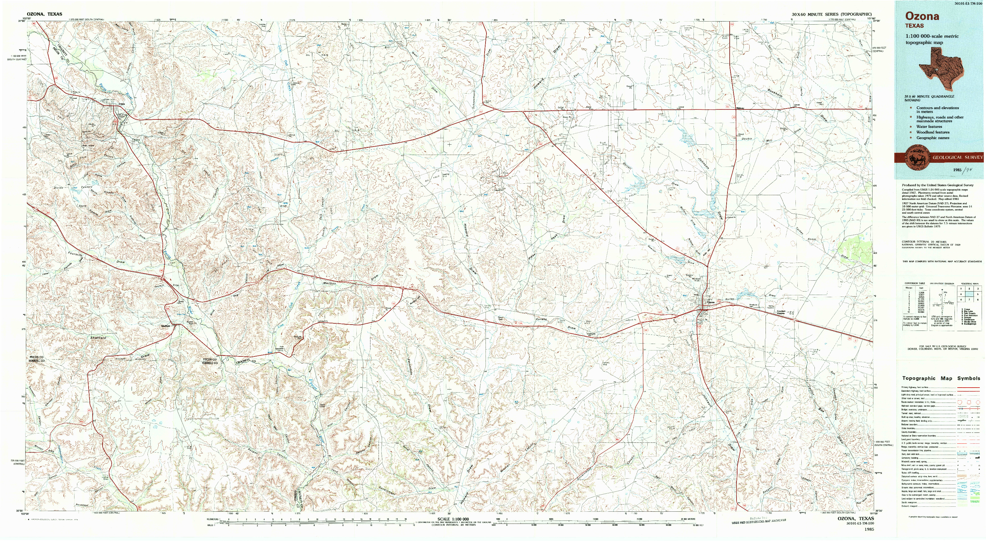 USGS 1:100000-SCALE QUADRANGLE FOR OZONA, TX 1985