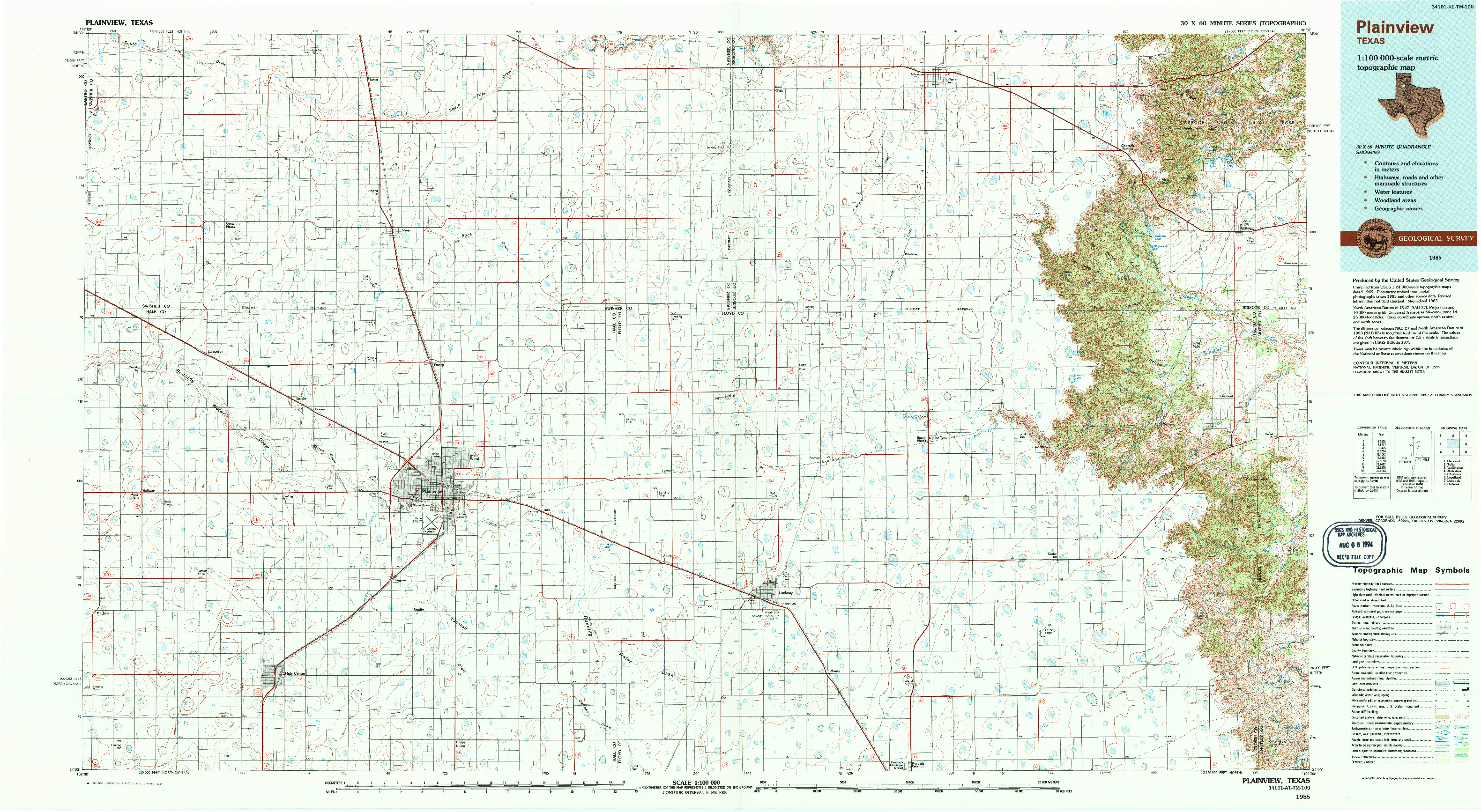 USGS 1:100000-SCALE QUADRANGLE FOR PLAINVIEW, TX 1985