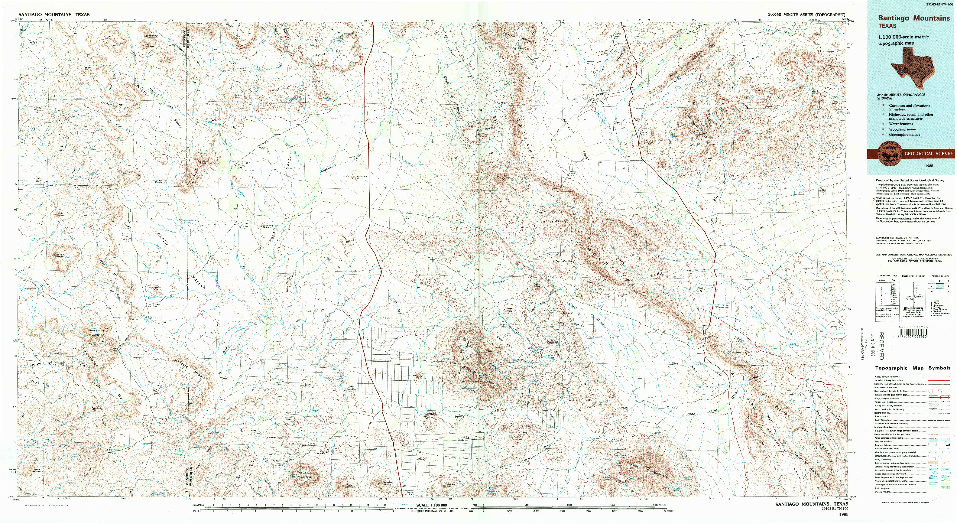 USGS 1:100000-SCALE QUADRANGLE FOR SANTIAGO MOUNTAINS, TX 1985