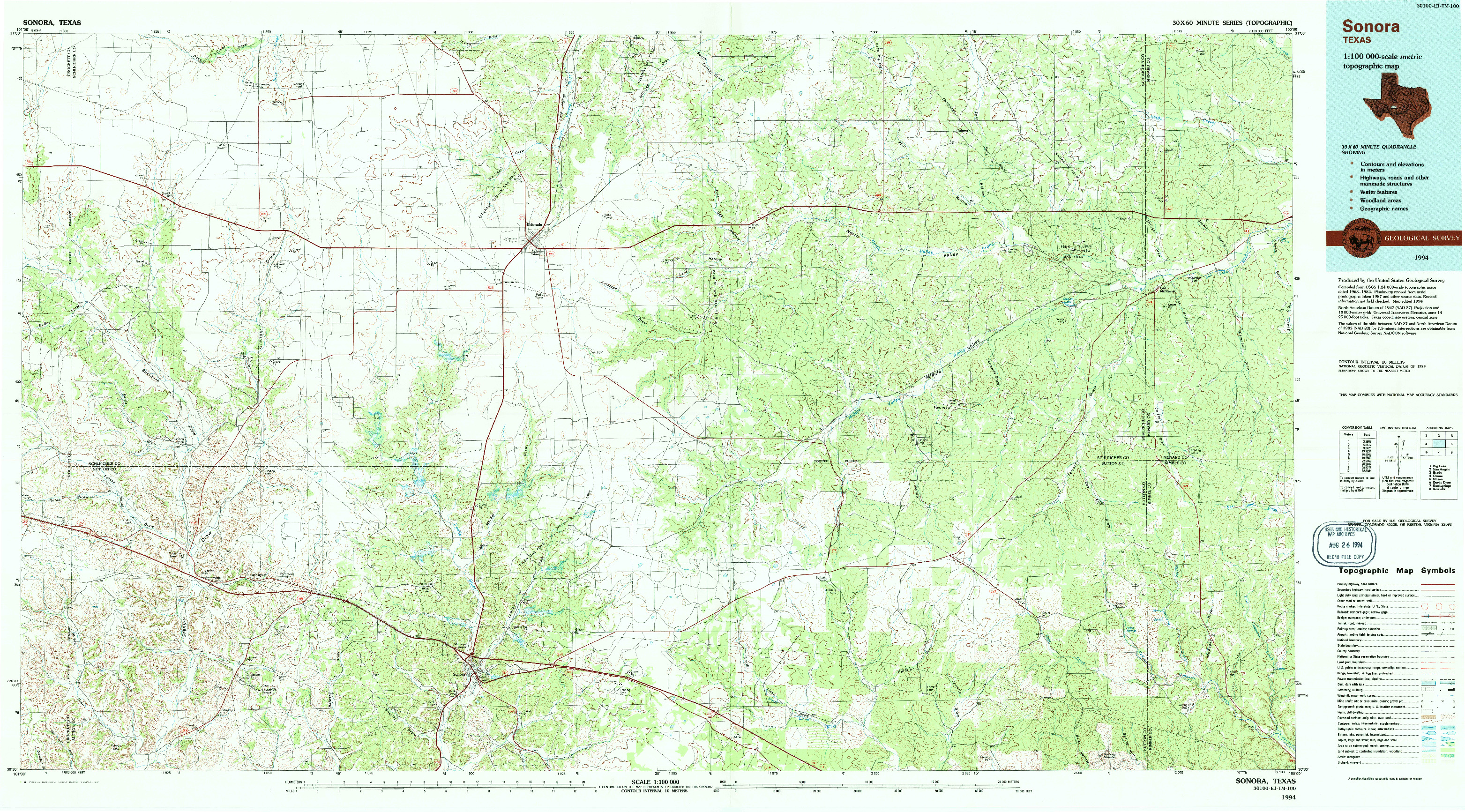 USGS 1:100000-SCALE QUADRANGLE FOR SONORA, TX 1994