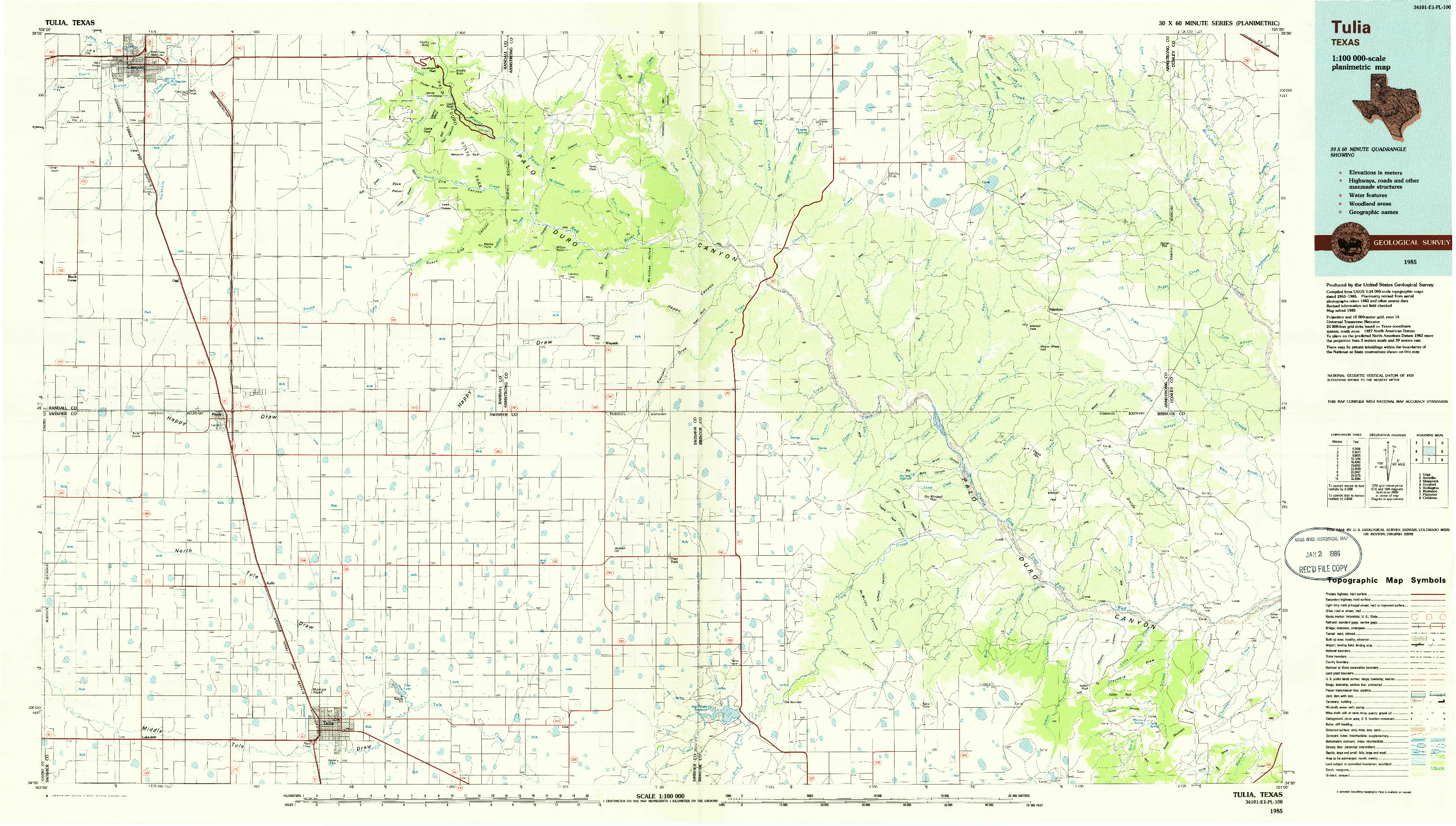 USGS 1:100000-SCALE QUADRANGLE FOR TULIA, TX 1985
