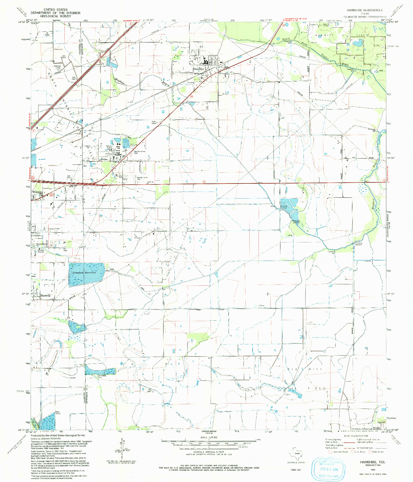 USGS 1:24000-SCALE QUADRANGLE FOR HAMSHIRE, TX 1994