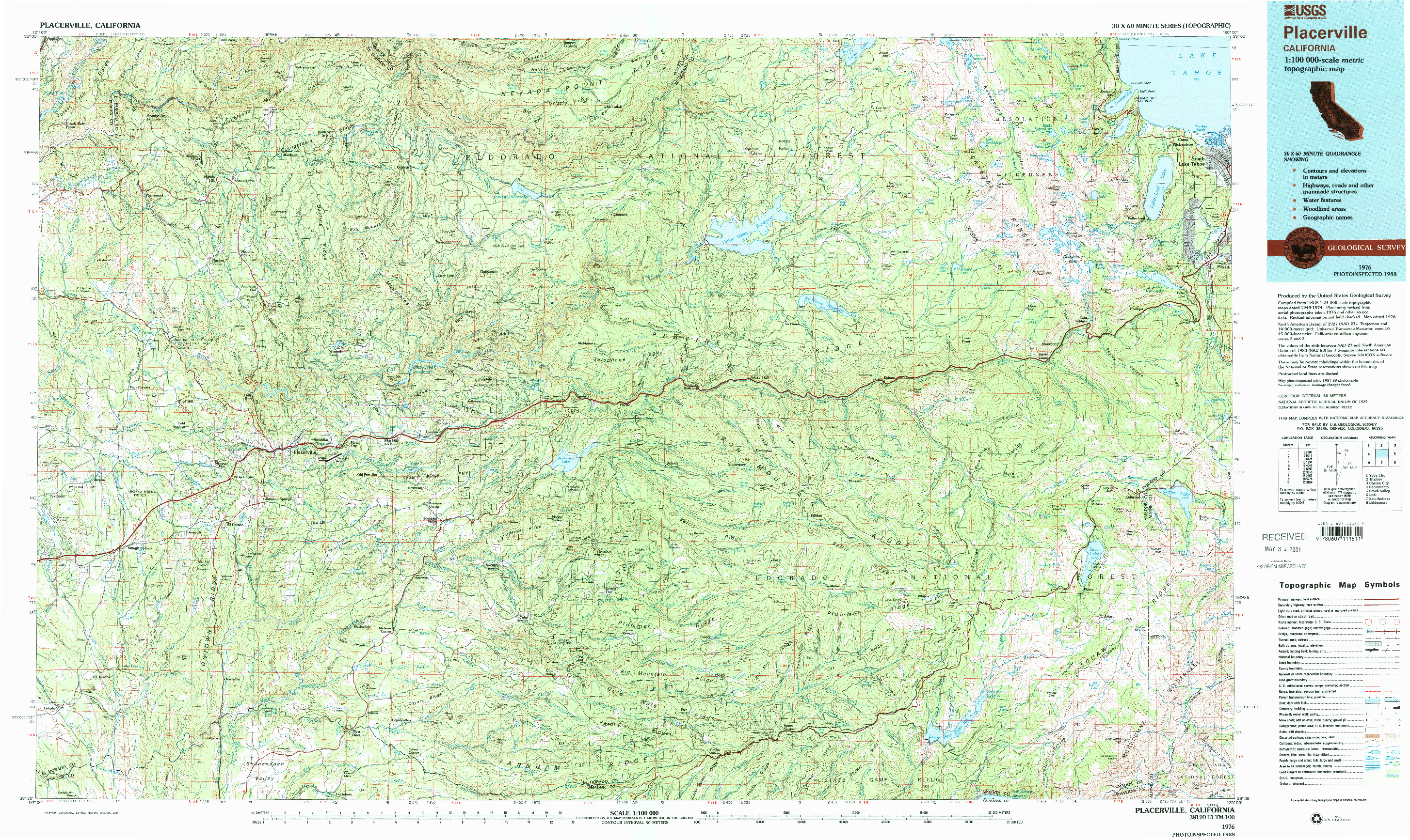 USGS 1:100000-SCALE QUADRANGLE FOR PLACERVILLE, CA 1976