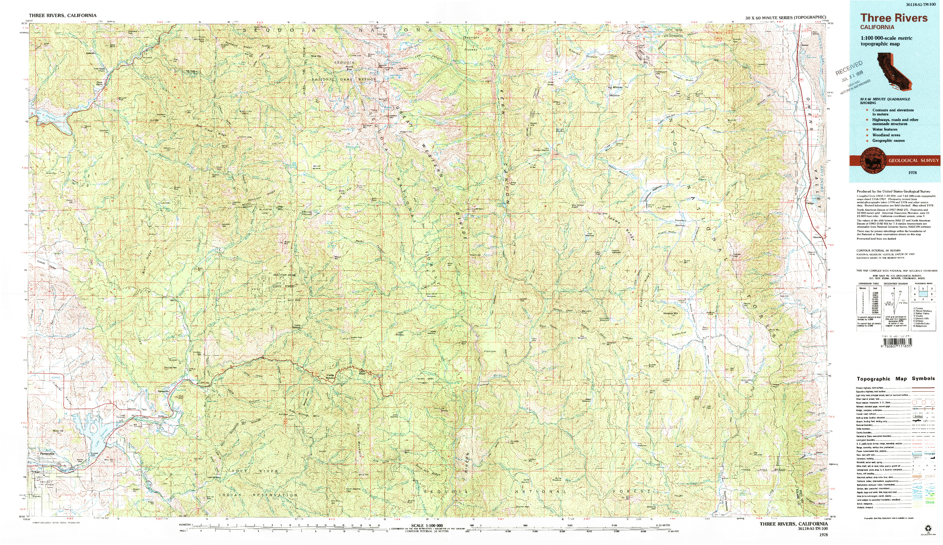 USGS 1:100000-SCALE QUADRANGLE FOR THREE RIVERS, CA 1978