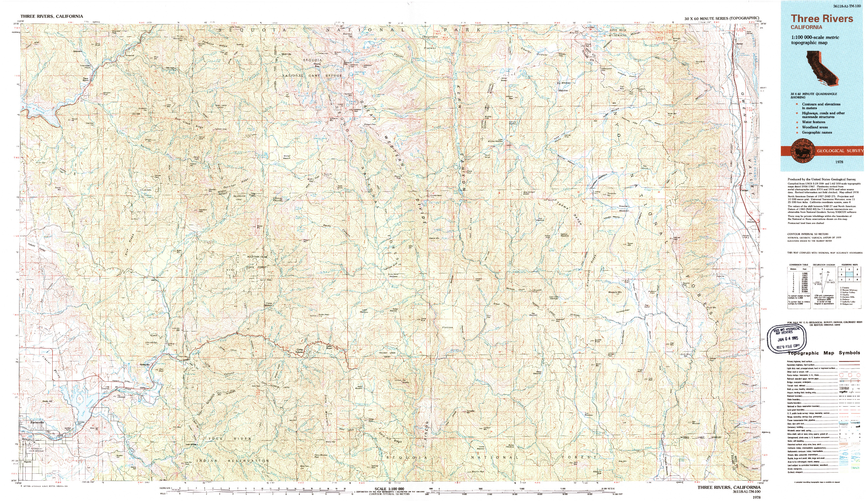 USGS 1:100000-SCALE QUADRANGLE FOR THREE RIVERS, CA 1978