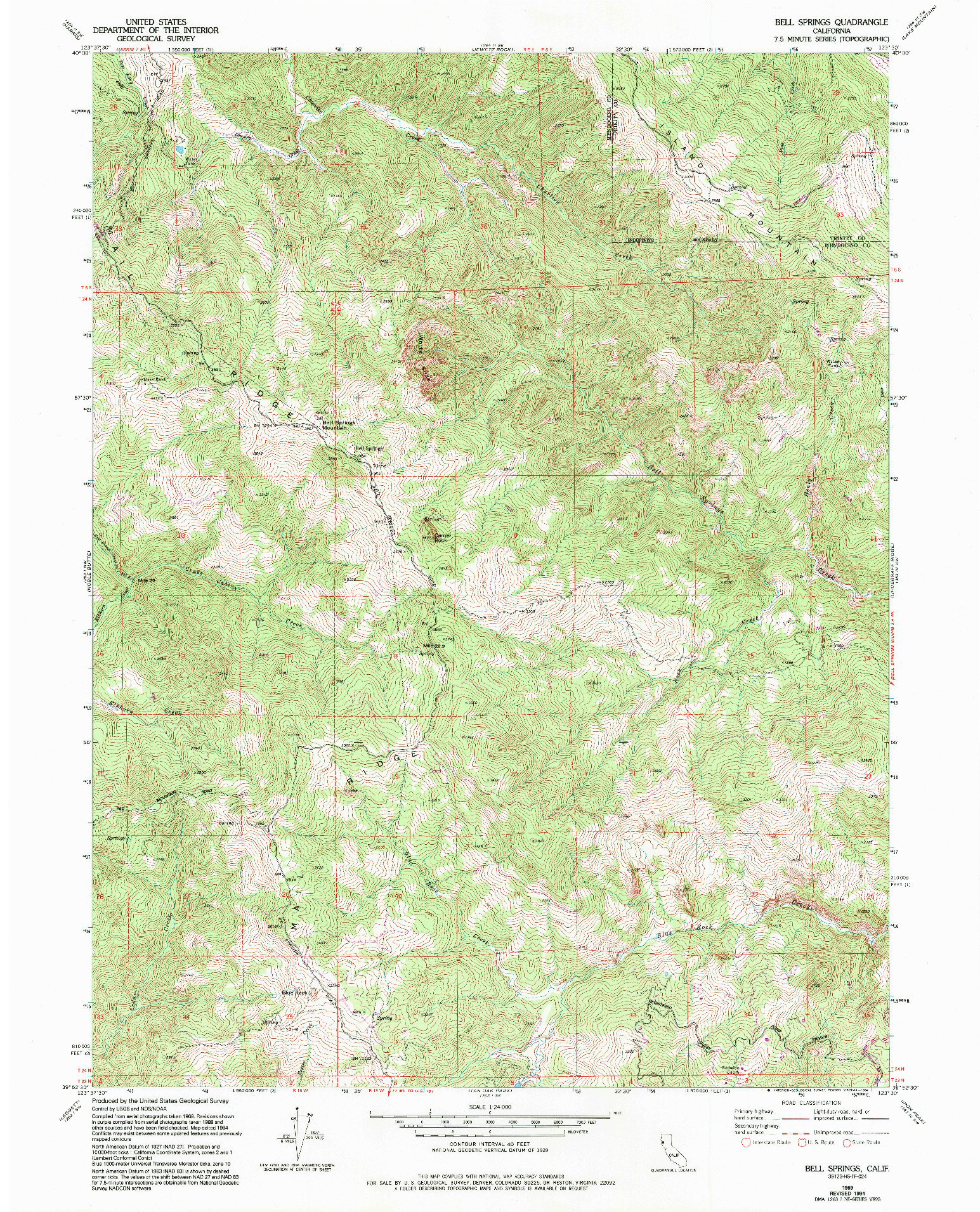 USGS 1:24000-SCALE QUADRANGLE FOR BELL SPRINGS, CA 1969